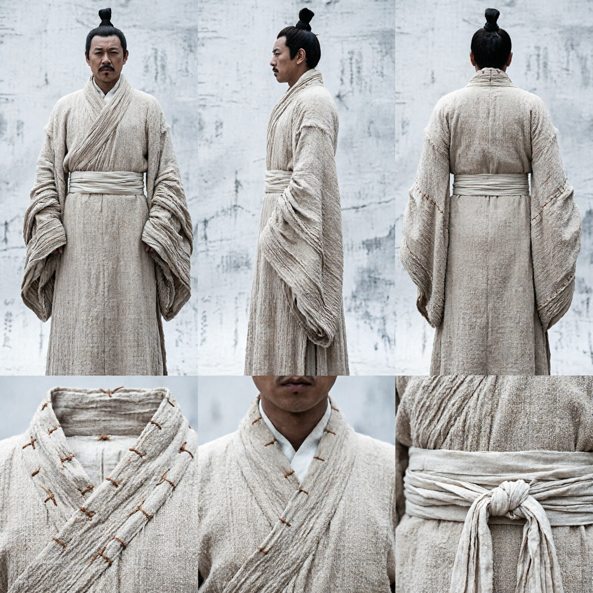 Männer Antikes chinesisches Hanfu-Kostüm Beige Leinengewand Traditionelles Streitende-Reiche-Gelehrtenkrieger-Outfit für Cosplay - Asian Costume