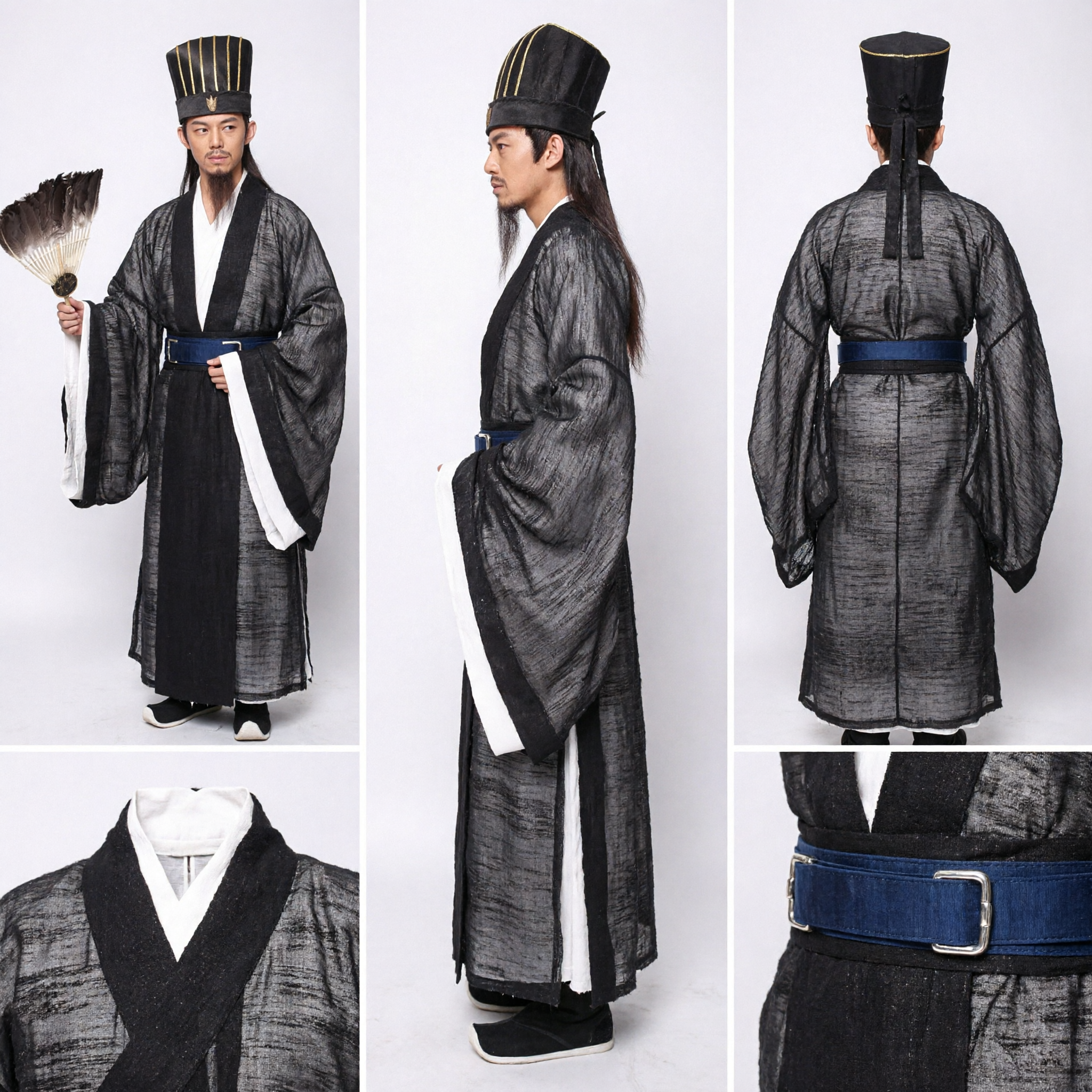 Traje Hanfu Chinês Antigo de Zhuge Liang dos Três Reinos para Homens, Túnica Tradicional de Estudioso com Leque de Penas - Asian Costume