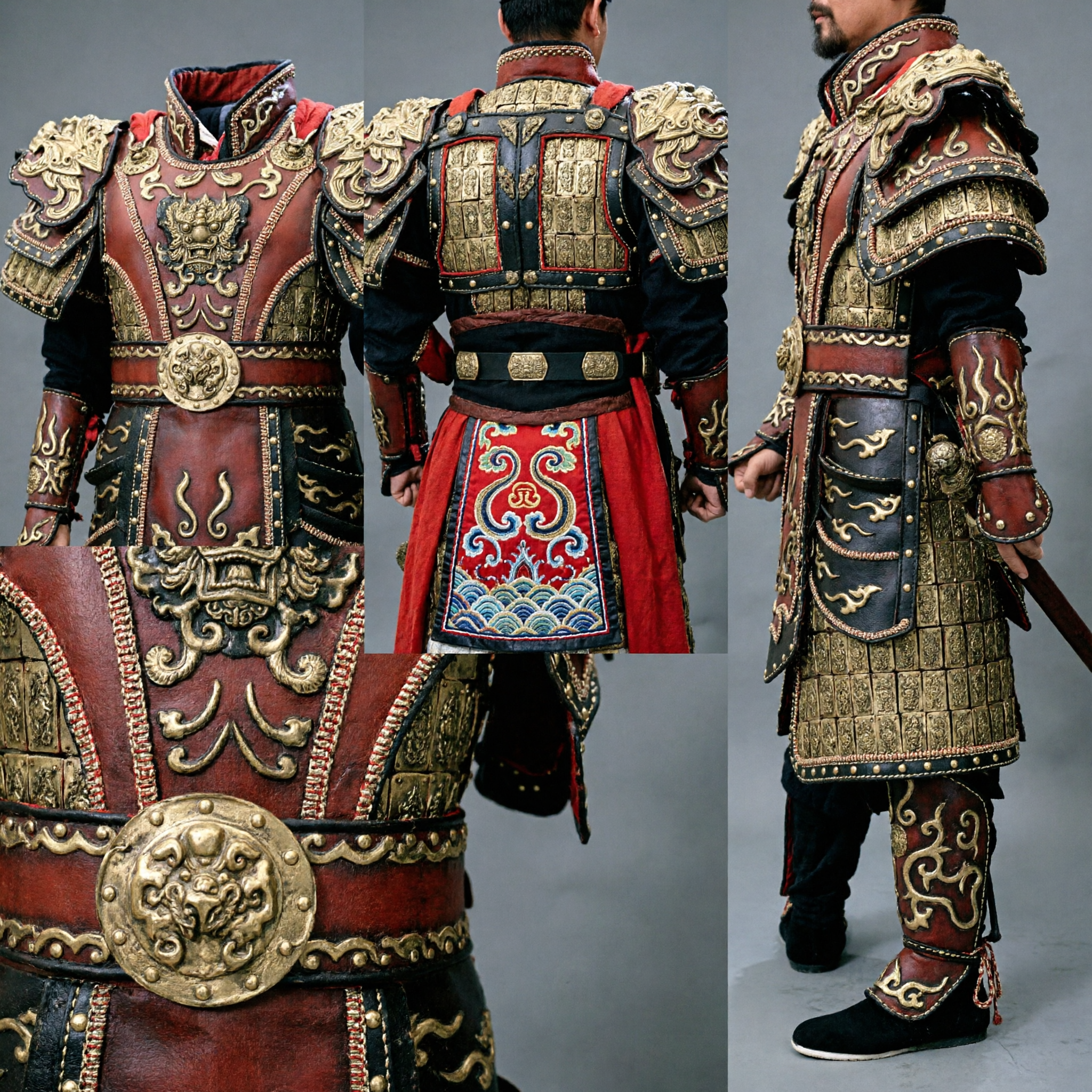 Deluxe antikes chinesisches General-Rüstungskostüm, rot-goldenes Drachen-Krieger-Outfit für Männer für historisches Cosplay und Auftritte - Asian Costume