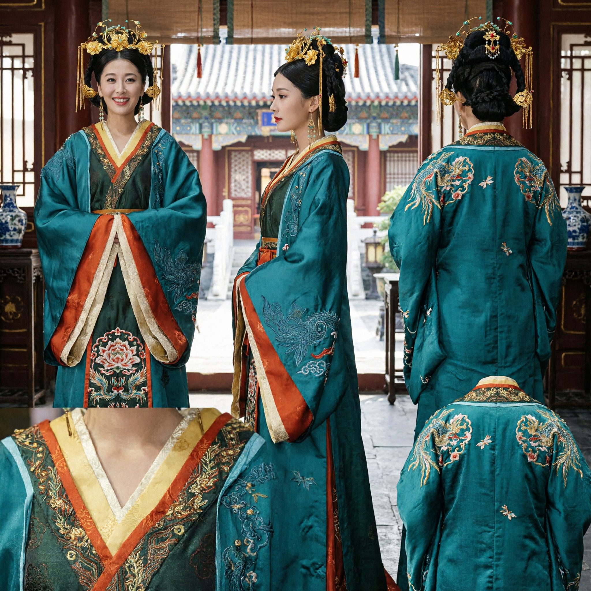 Traditionelles chinesisches Kaiserinnen-Hanfu-Kostüm Petrolblaues Palastdamenkleid mit aufwendigem Goldkopfschmuck für Frauen - Asian Costume