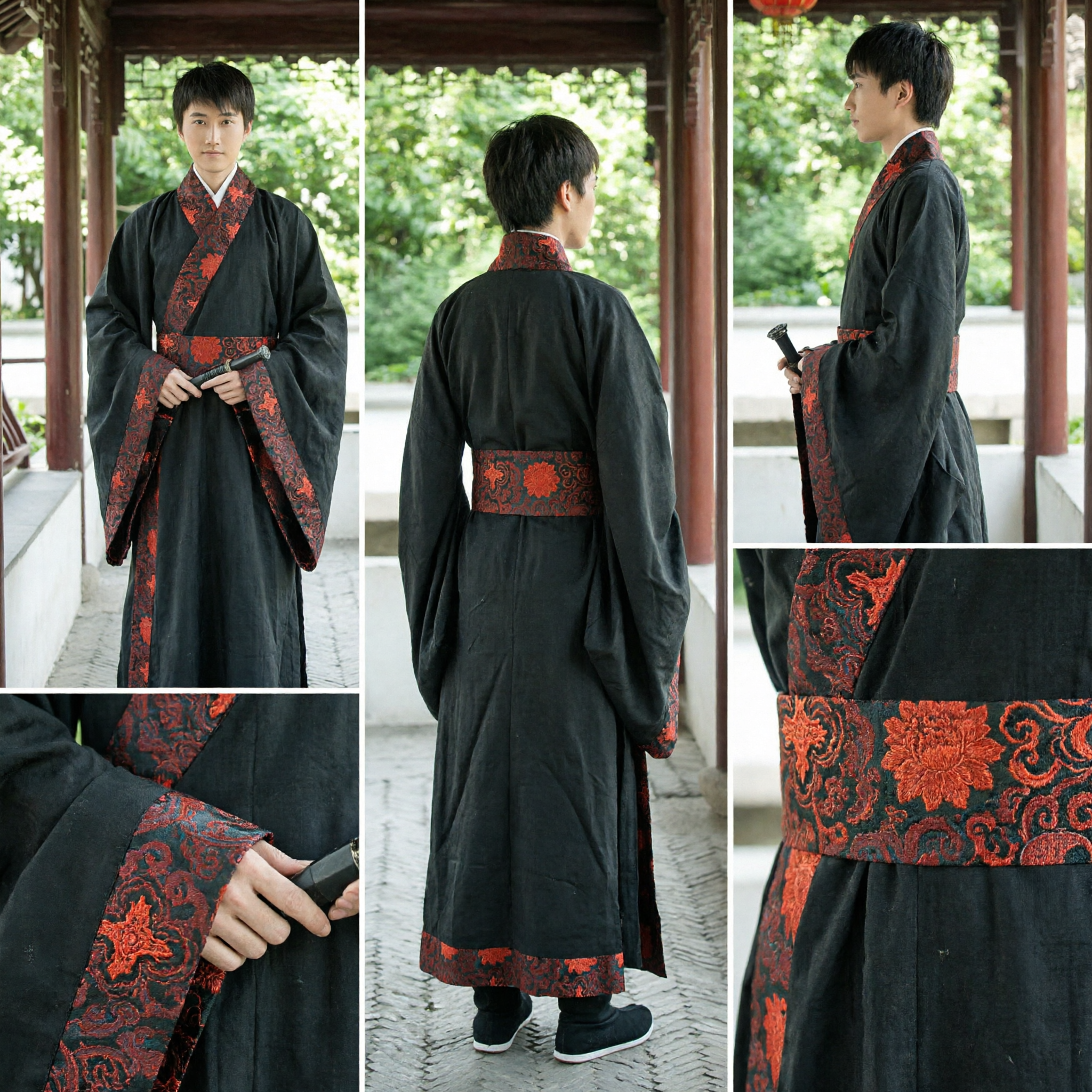 Túnica Hanfu Tradicional China Negra con Ribete de Brocado Rojo para Hombres, Traje de Cosplay de Espadachín Wuxia Antiguo - Asian Costume