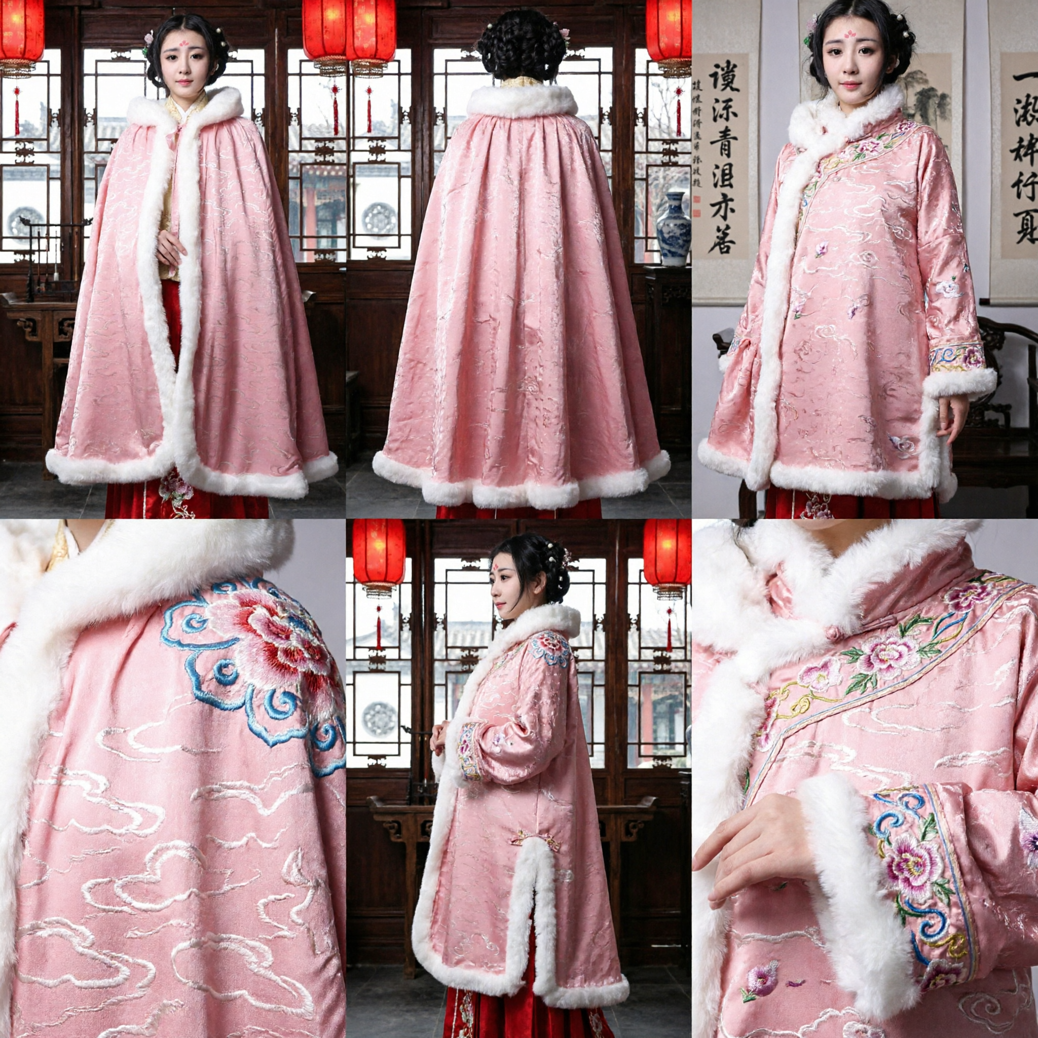 Elegantes Rosa Hanfu Winterumhang mit Weißem Pelzbesatz Traditionelles Chinesisches Altes Kostüm Cape für Frauen - Asian Costume