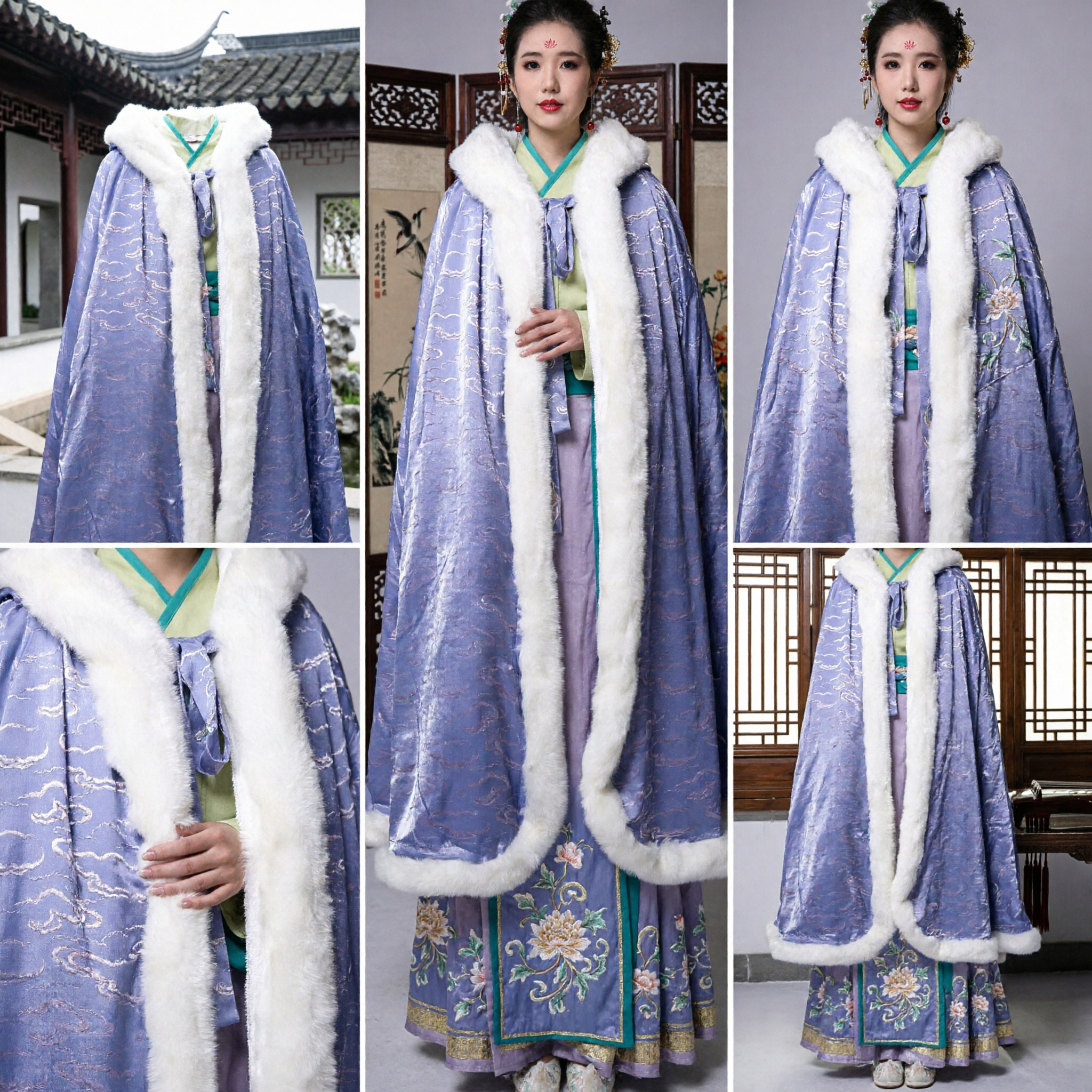 Manteau d'hiver Hanfu violet élégant avec garniture fourrure blanche, cape ancienne chinoise à motif nuages pour femmes - Asian Costume
