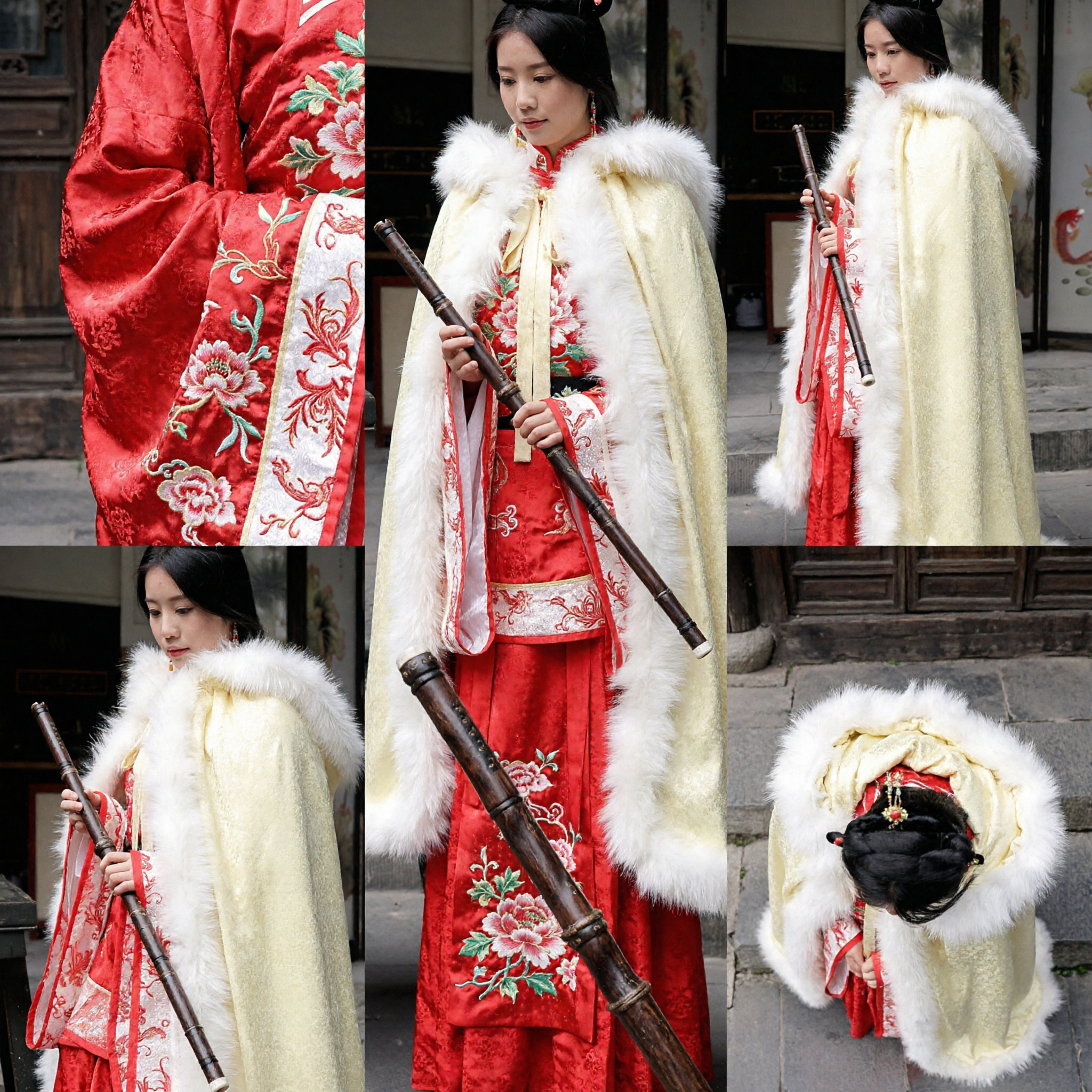 Tradycyjny chiński płaszcz zimowy Hanfu żółty płaszcz z futrzanym lamowaniem dla kobiet do historycznego cosplayu i fotografii - Asian Costume