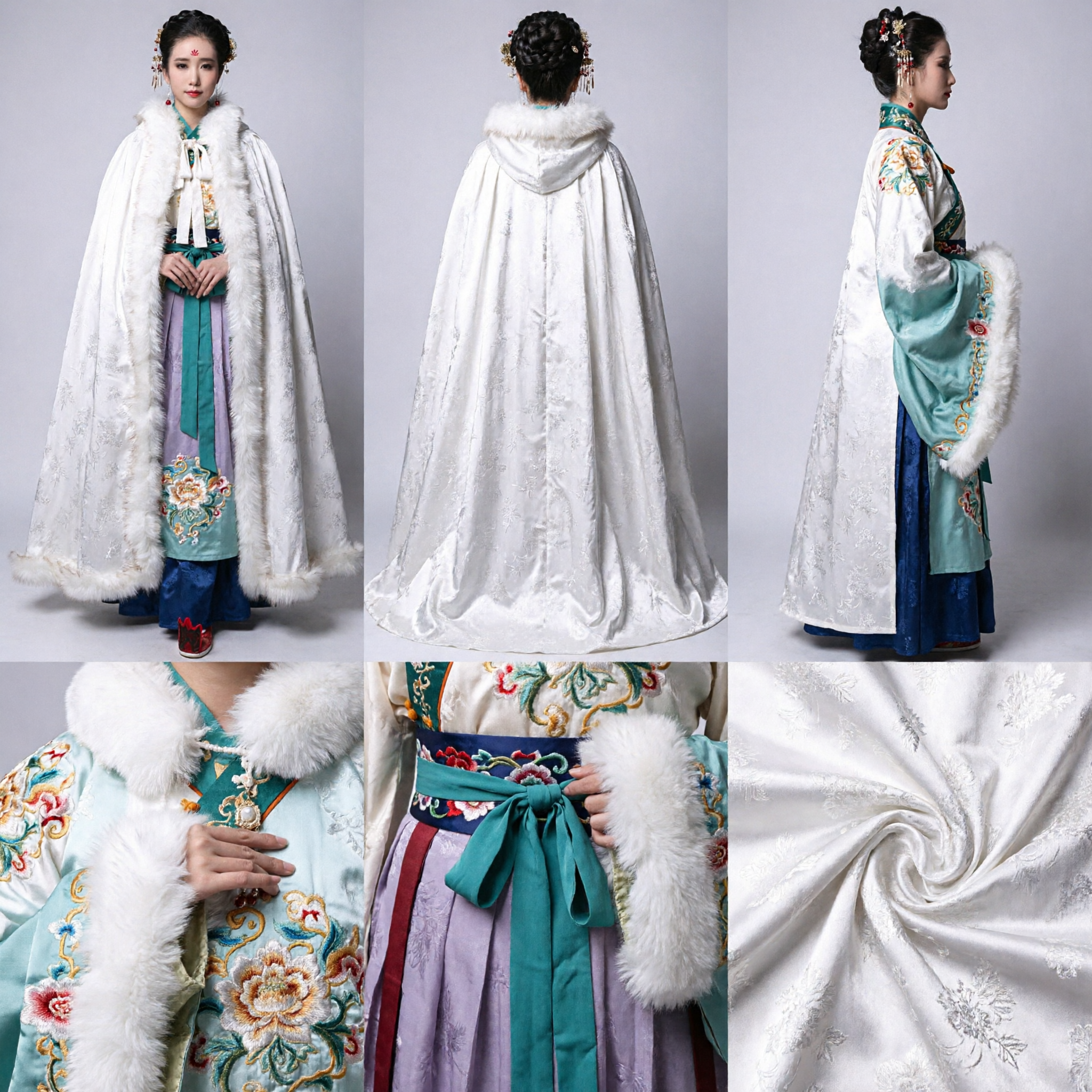 Elegante Mantello Invernale Hanfu Bianco con Bordi in Pelliccia, Mantello Antico Cinese Tradizionale per Fotografia Femminile - Asian Costume