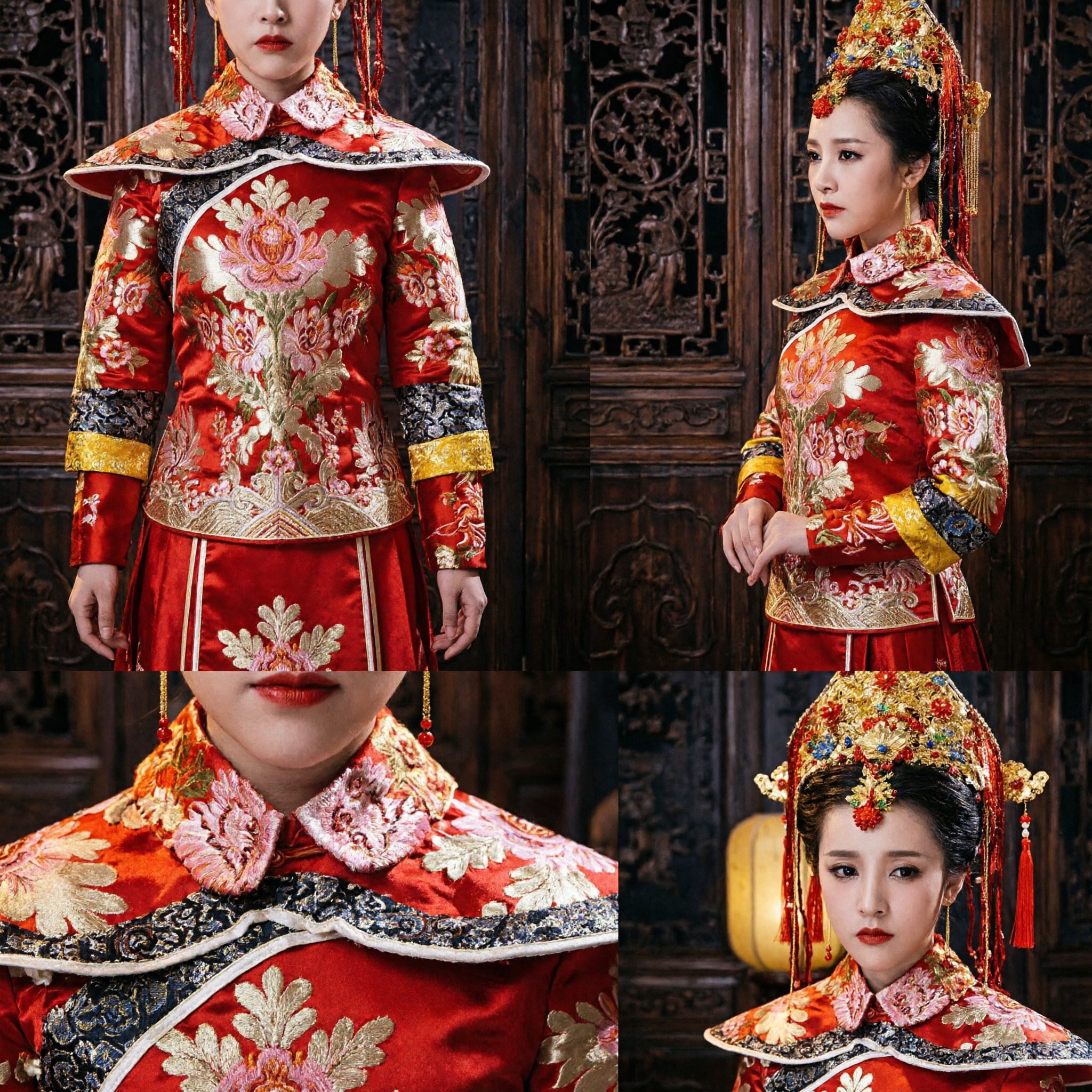 Vestido de Novia Tradicional Chino Rojo Bordado con Corona de Fénix, Traje Oriental Antiguo para Mujeres - Asian Costume