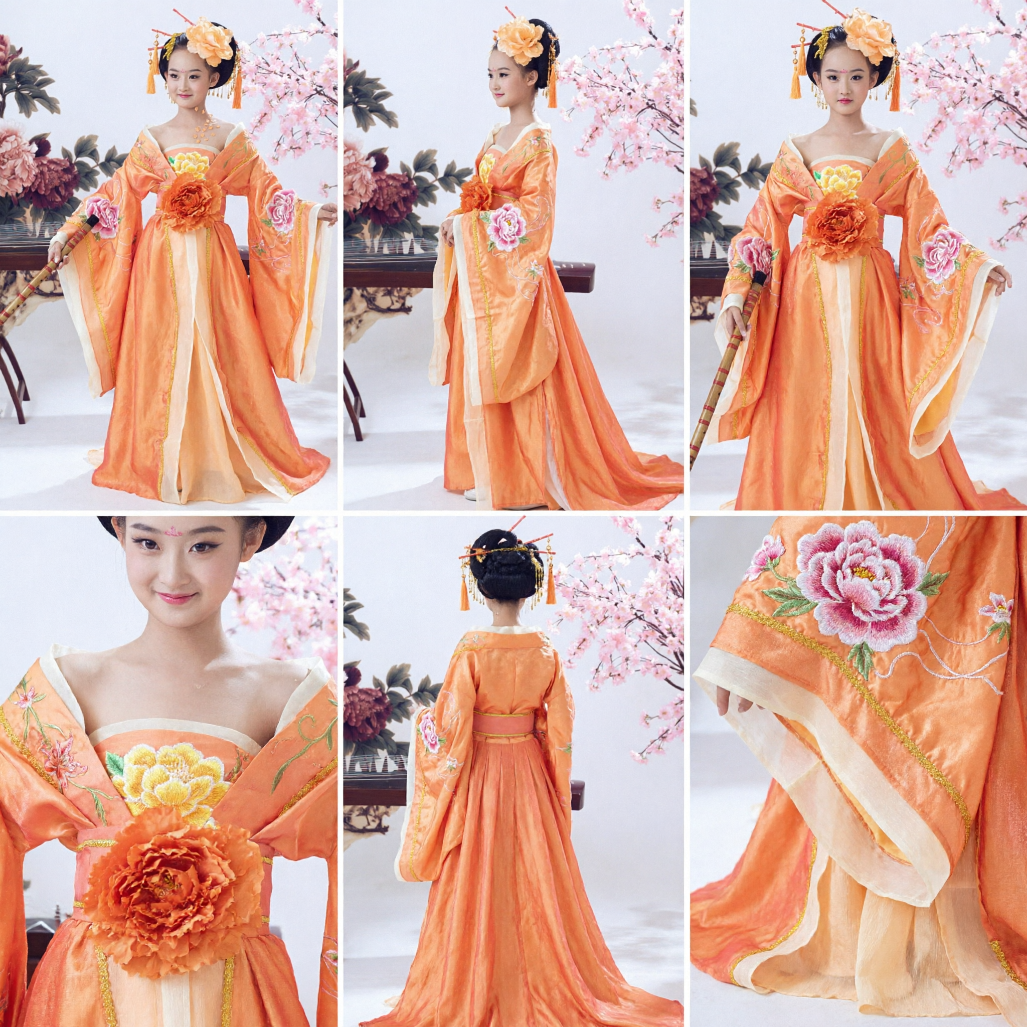 Traditionelles Chinesisches Hanfu Kostüm für Kinder Tang-Dynastie Palastdame Oranges Blumenkleid für Tanzaufführung - Asian Costume