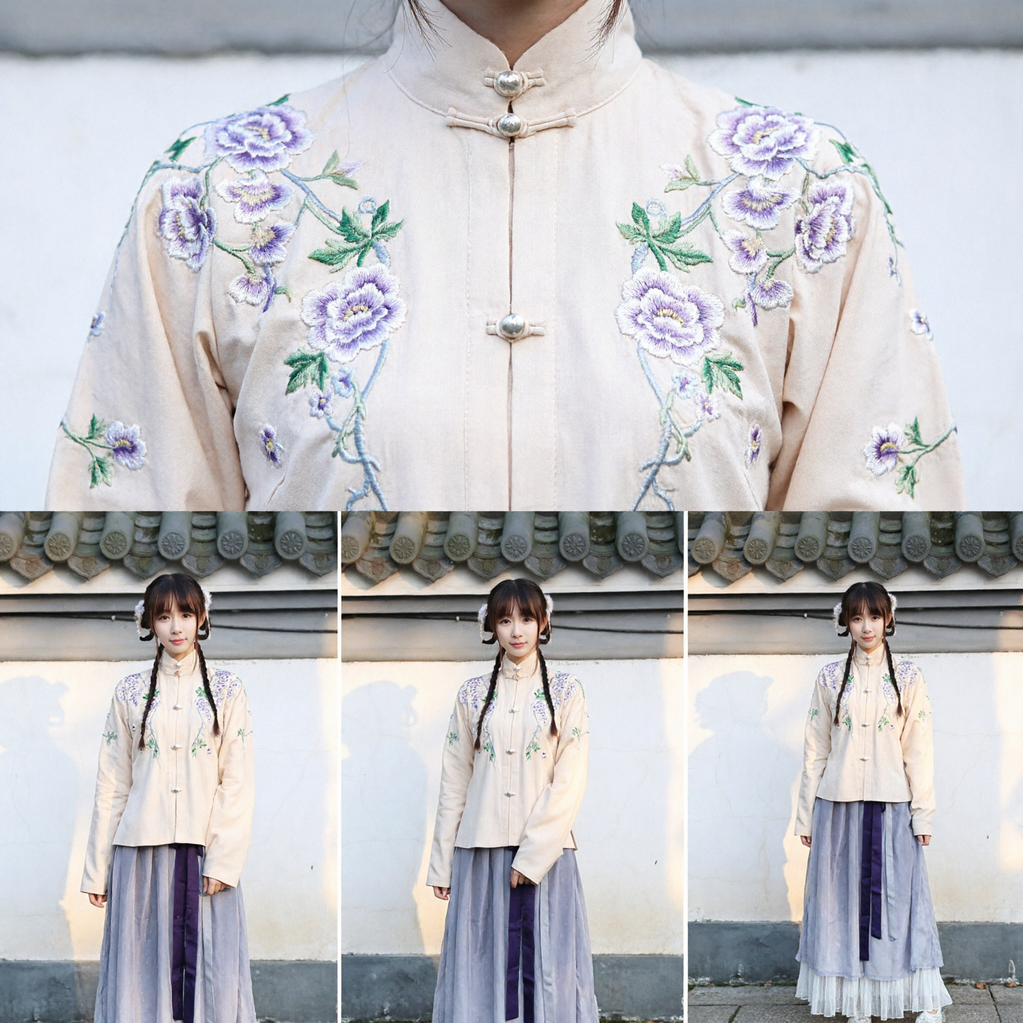 Elegante Set Costume Hanfu Tradizionale Cinese, Giacca Ricamata Color Crema con Gonna Plissettata Viola per Fotografia Femminile - Asian Costume