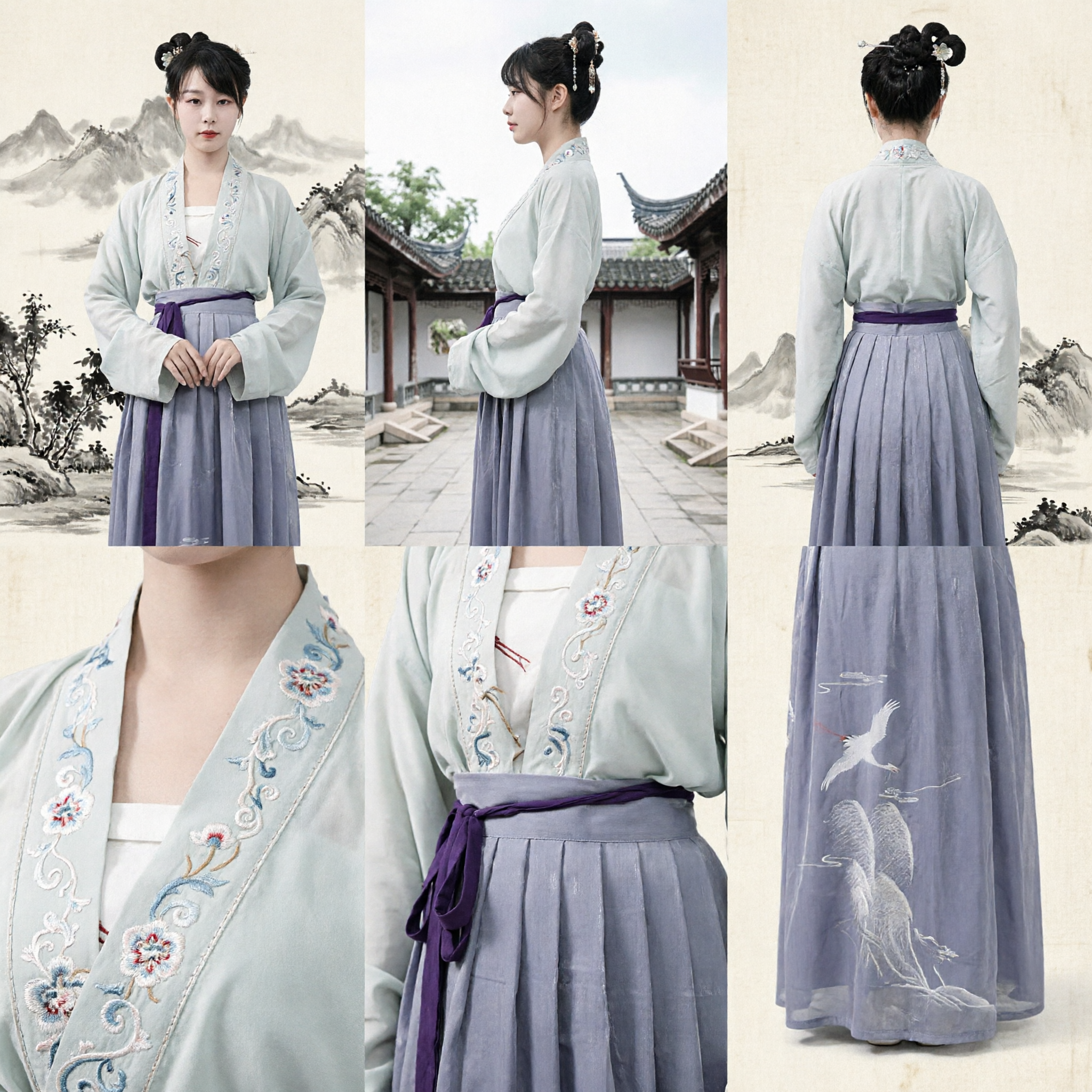 Conjunto de Hanfu Chinês Tradicional Estilo Dinastia Song, Saia e Robe Bordados com Garça para Mulheres - Asian Costume