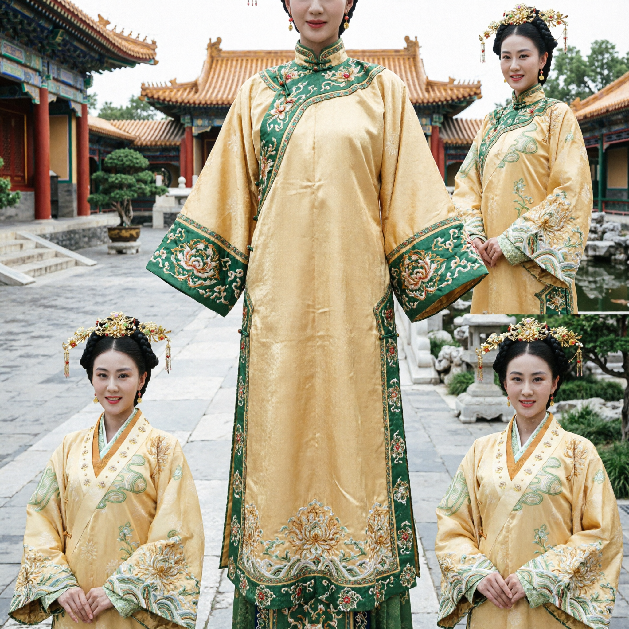Antikes chinesisches Prinzessinnen-Kostüm, gelbes Hanfu-Kleid mit aufwendigen goldenen Haaraccessoires für Damen - Asian Costume