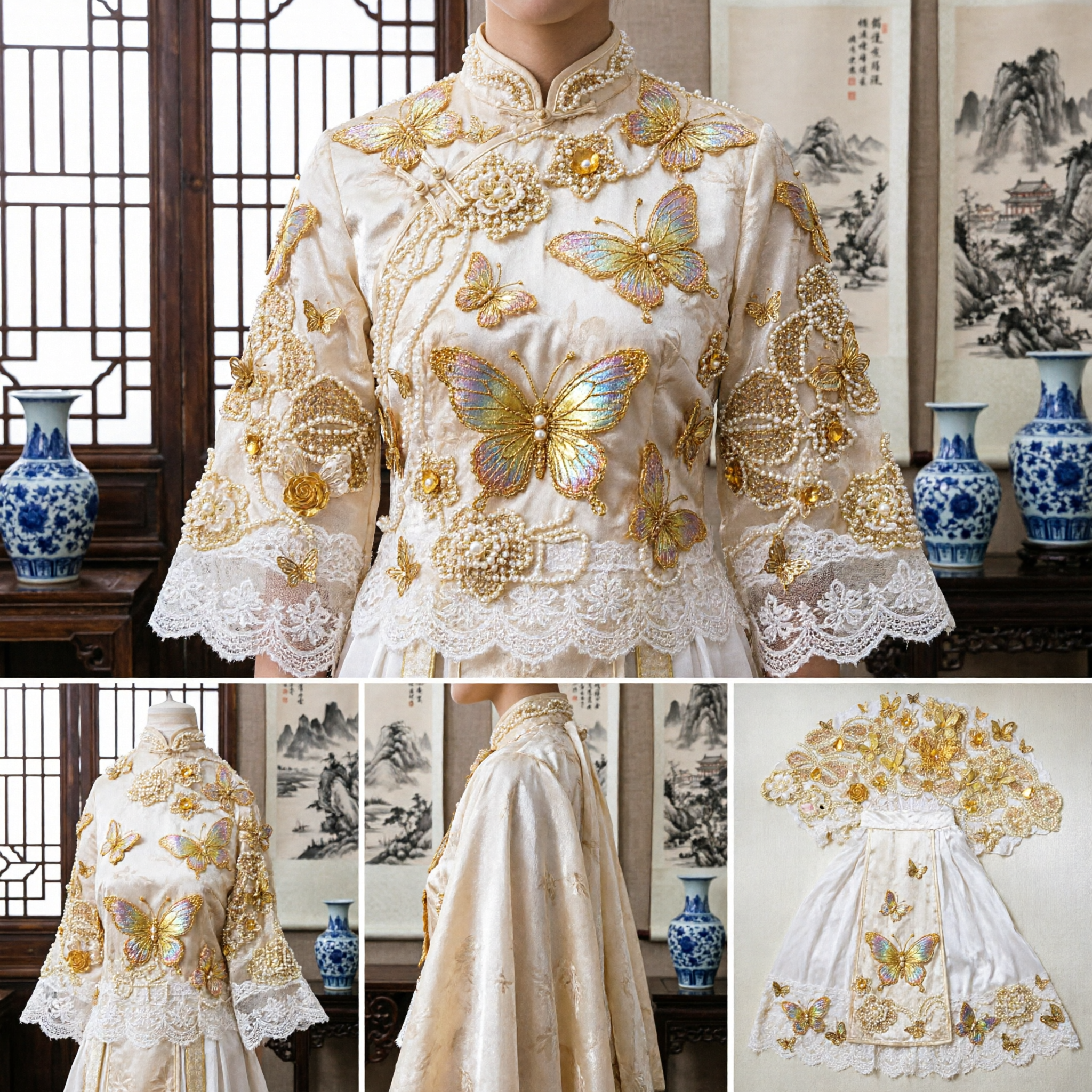 Corona per capelli con farfalle dorate e fiori di perle, copricapo tradizionale cinese Hanfu da sposa per donna - Asian Costume
