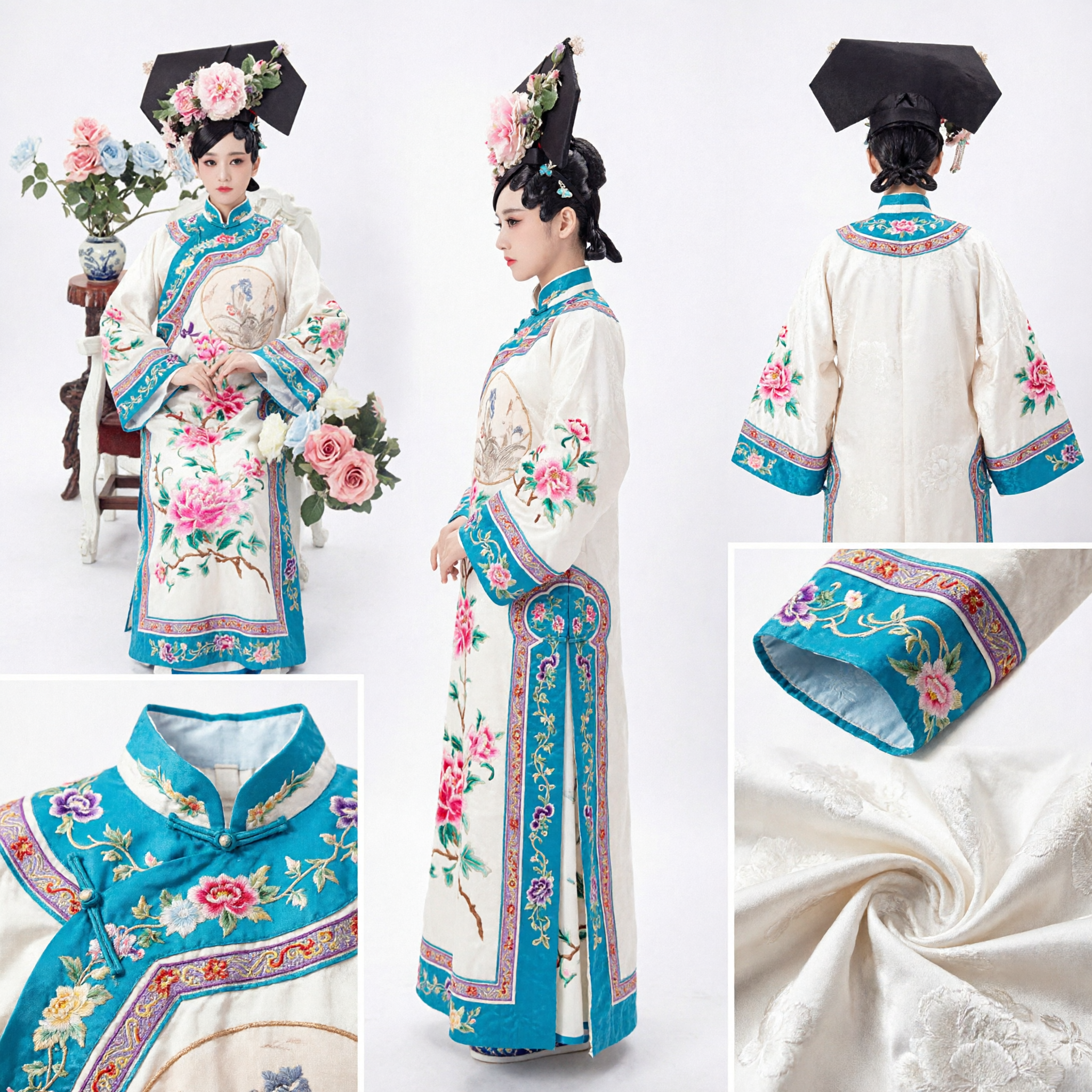 Costume da Dama di Palazzo della Dinastia Qing Antica Cinese Veste con Ricamo Floreale Bianco e Copricapo Floreale per Donne - Asian Costume