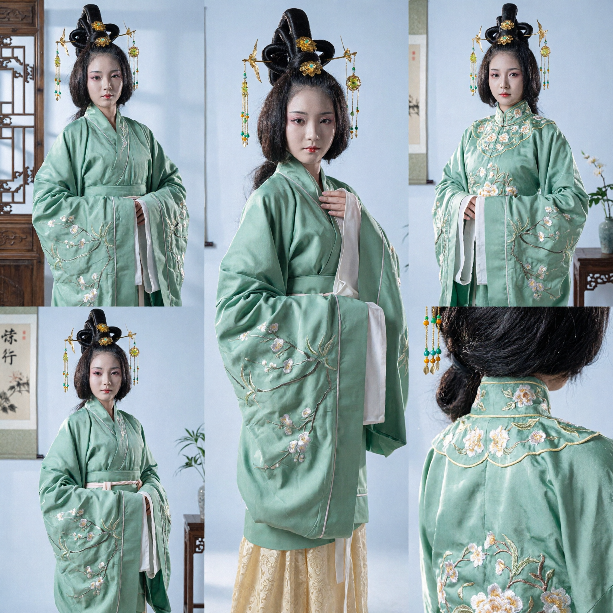 Elegantes Grünes Traditionelles Chinesisches Hanfu-Kleid mit Blumengestick Antikes Palastdamen-Kostüm für Frauen - Asian Costume