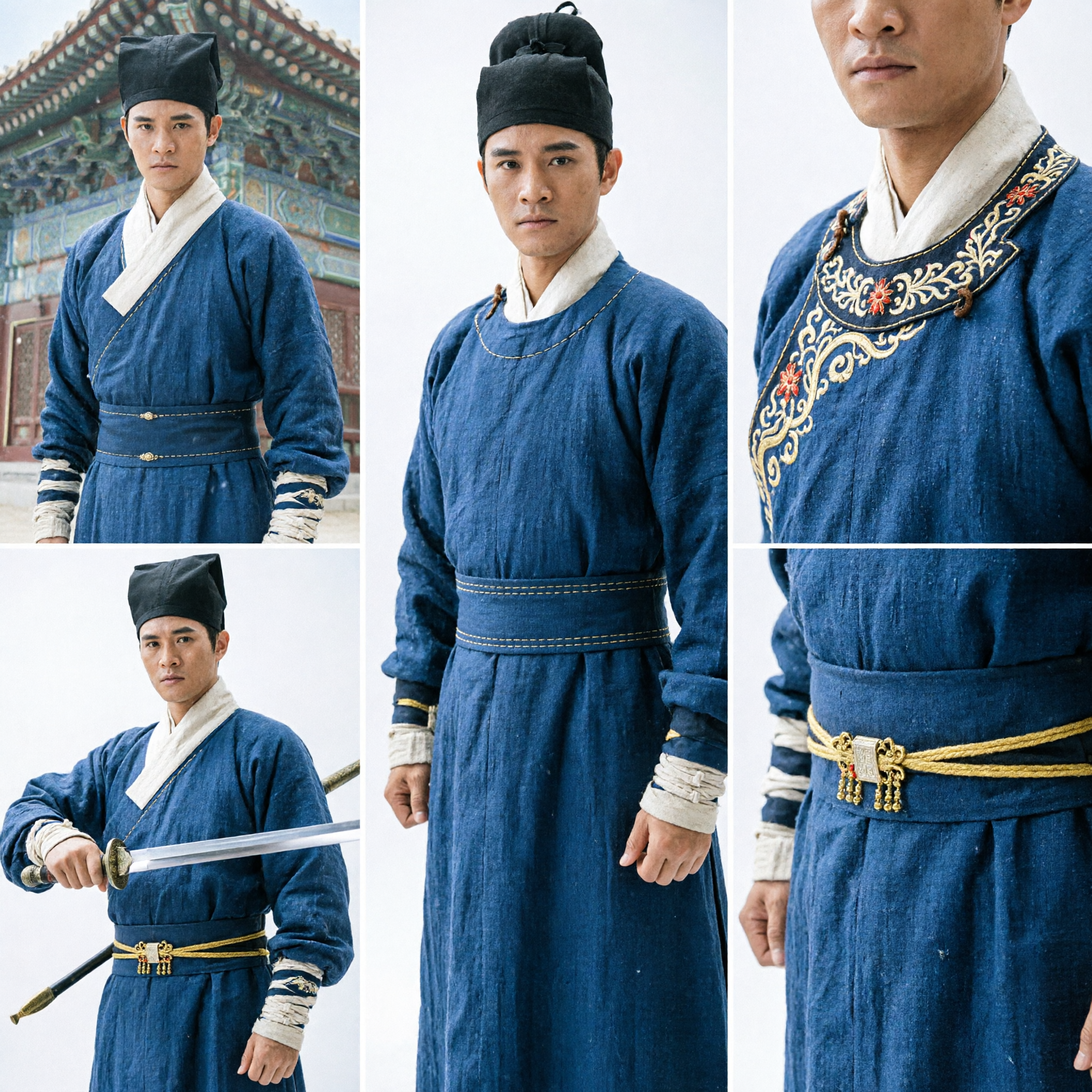 Männer Blaues Wuxia Schwertkämpfer-Kostüm Traditionelle Hanfu-Robe mit Gelehrtenhut für Kampfkunst Cosplay Auftritt - Asian Costume