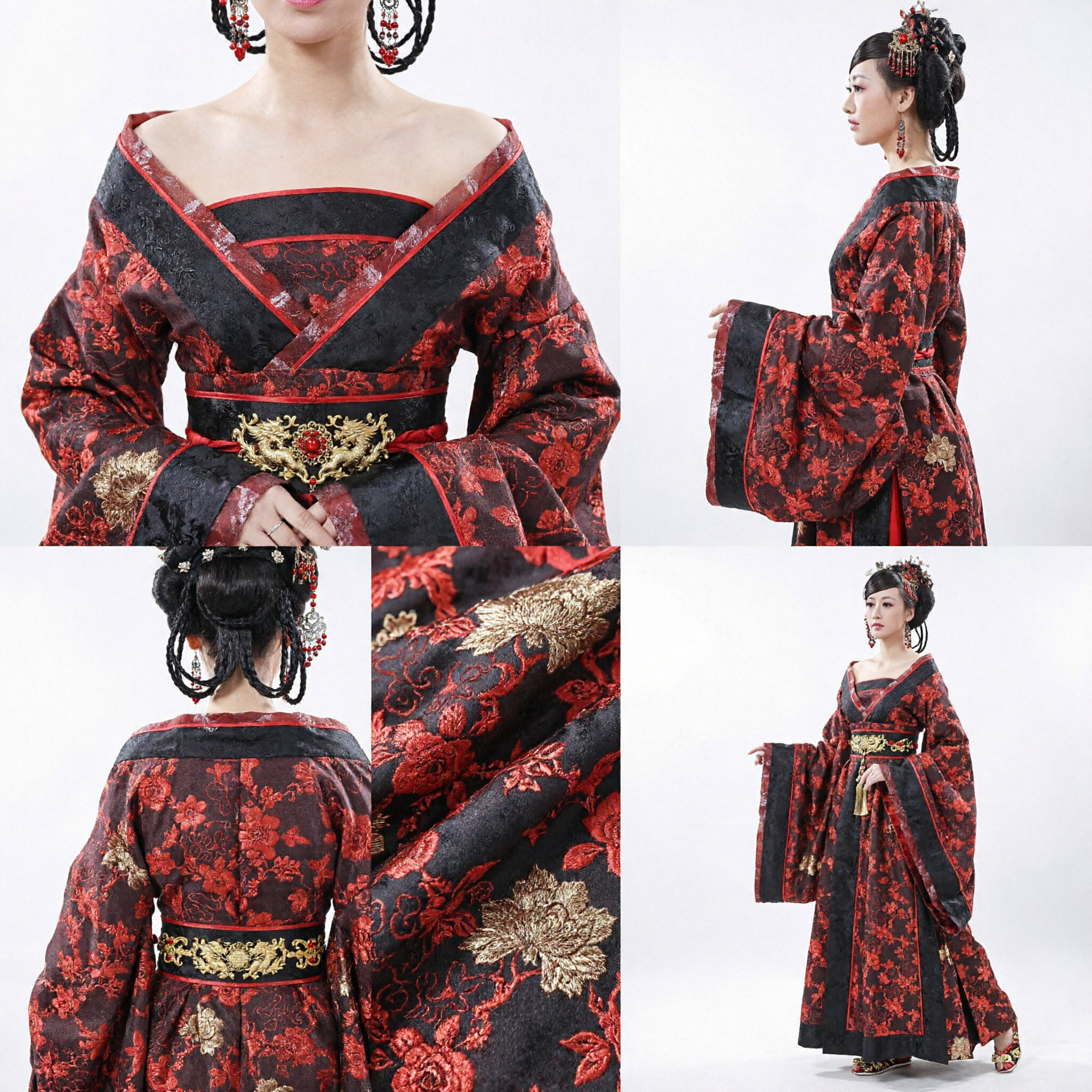 Robe Hanfu élégante en brocart noir et rouge floral - Costume ancien traditionnel chinois pour femmes pour cosplay et performances - Asian Costume