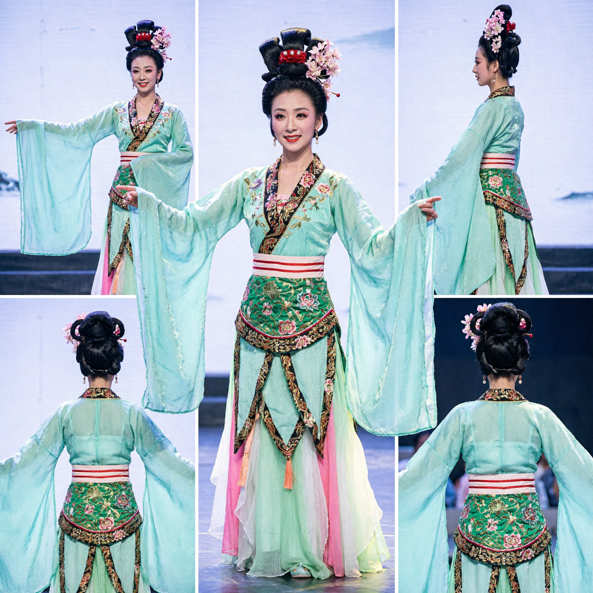 Elegantes grünes chinesisches klassisches Tanzkostüm mit langen Wassersärmeln und Blumenkopfschmuck für Frauen - Asian Costume