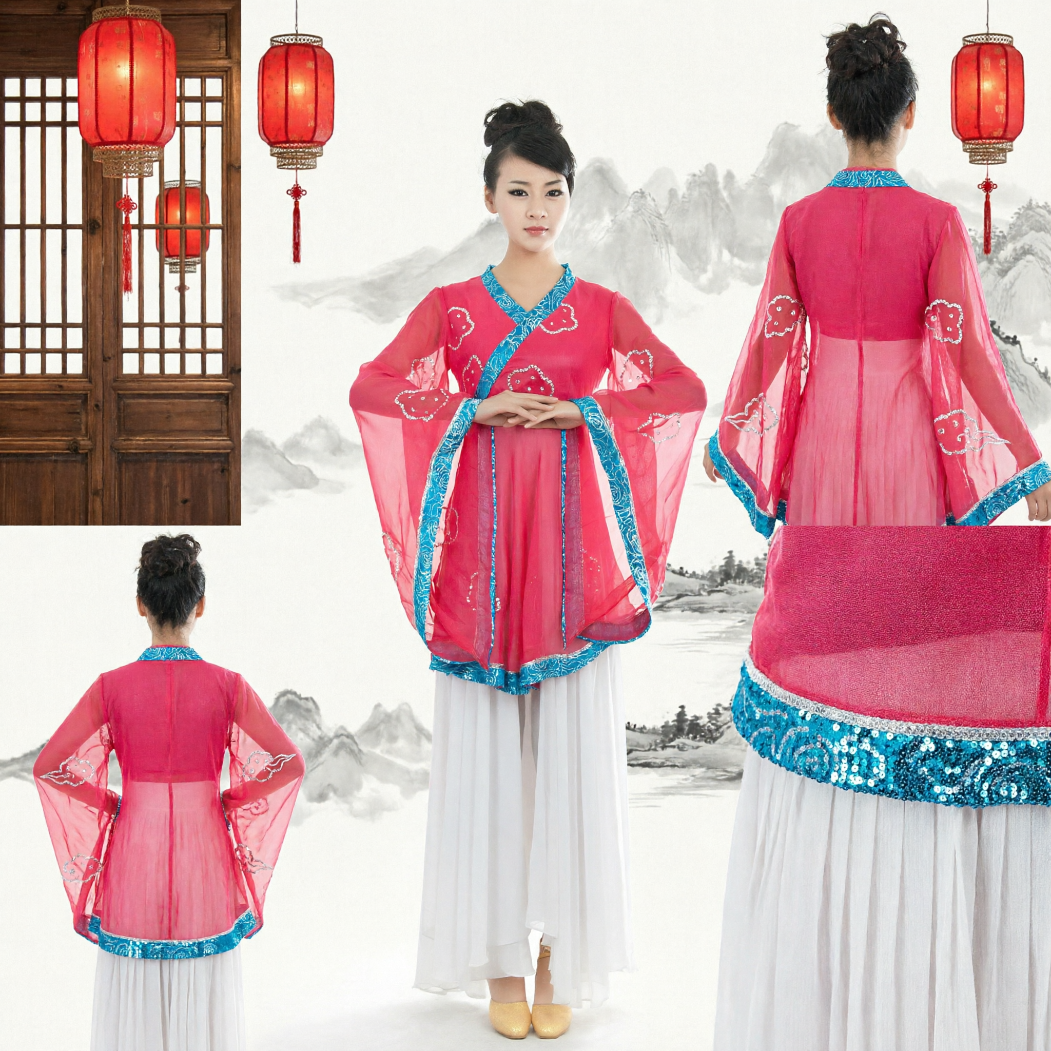 Traje Hanfu Chino Tradicional para Mujeres, Vestido de Hada Antiguo Rosa con Ribete Azul para Presentaciones de Danza Clásica - Asian Costume