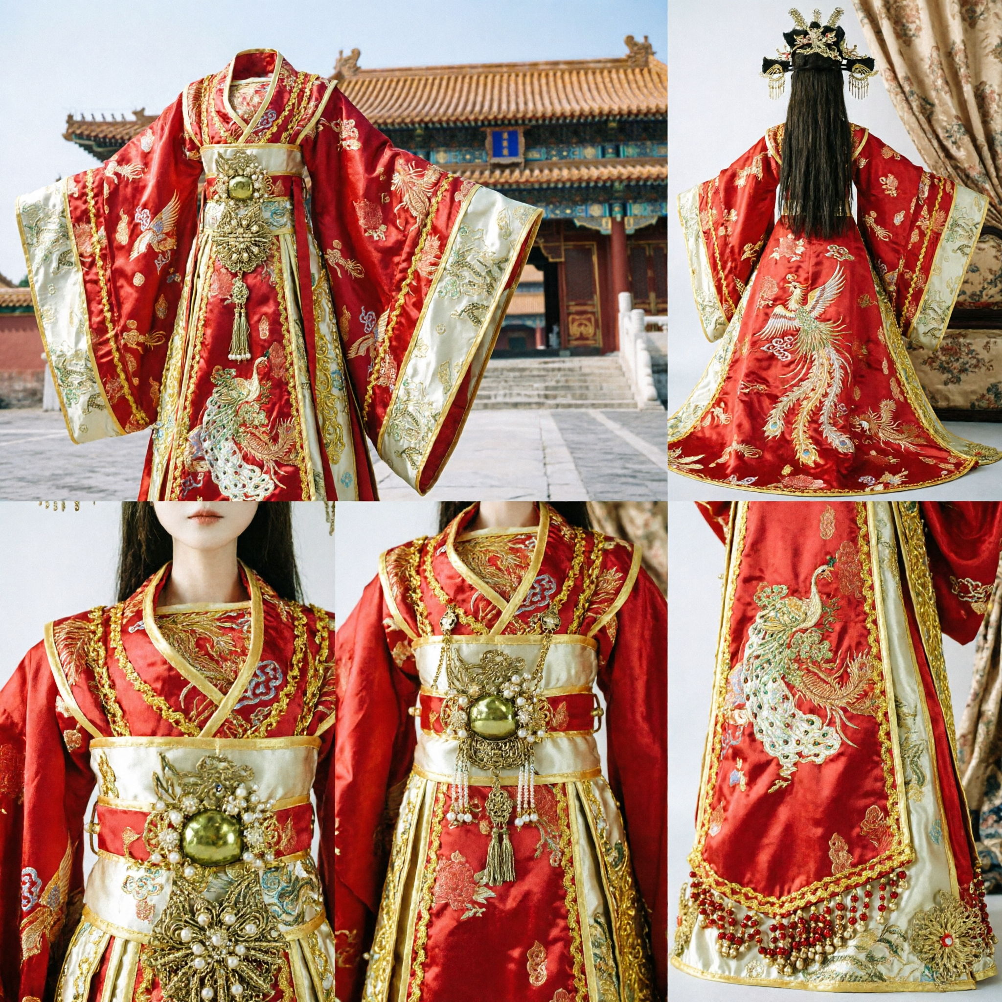 Traditionelles chinesisches Tang-Dynastie-Kaiserinnen-Puppenkostüm, rotes Hanfu-Kleid mit goldener Phönix-Stickerei und königlichem Kopfschmuck - Asian Costume