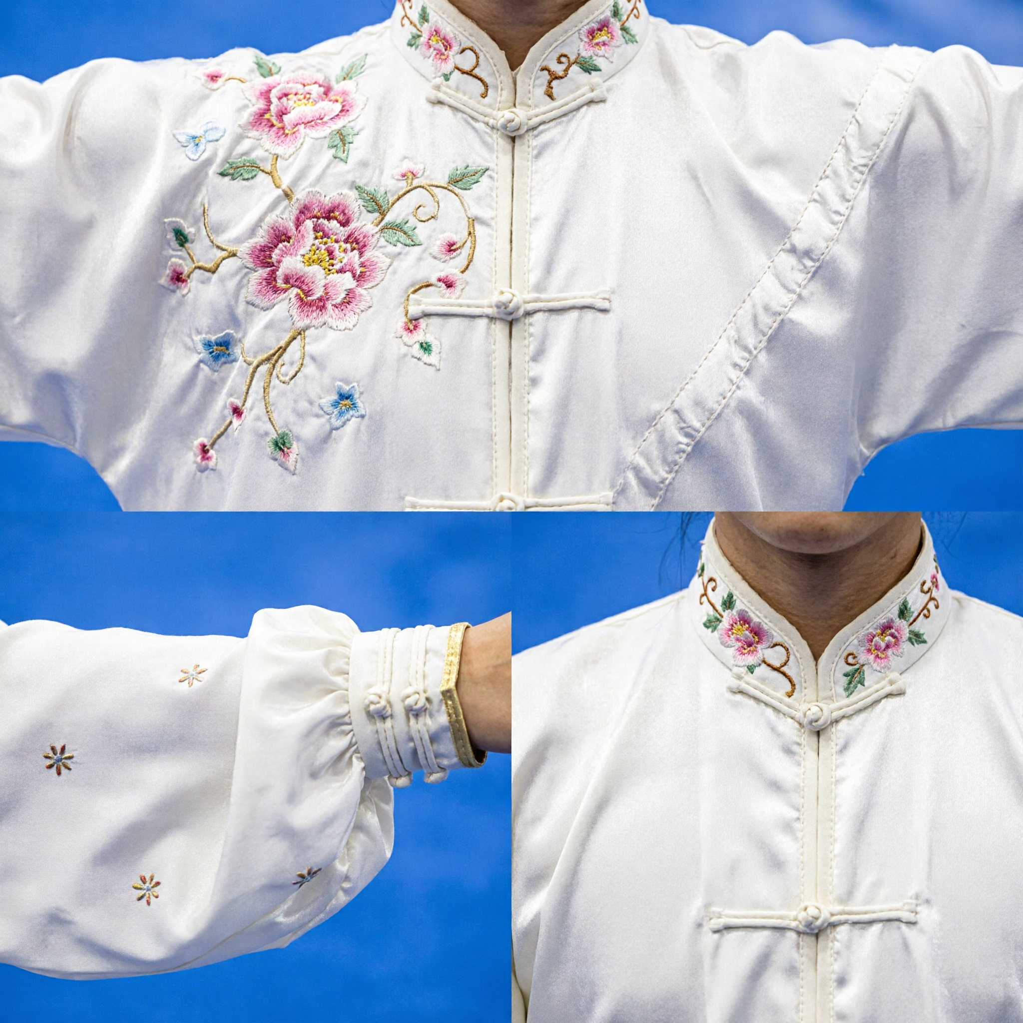Professional Women's White Tai Chi Uniform Traditional Floral Embroidery Kung Fu Wushu Suit for Competition - Asian Costume
