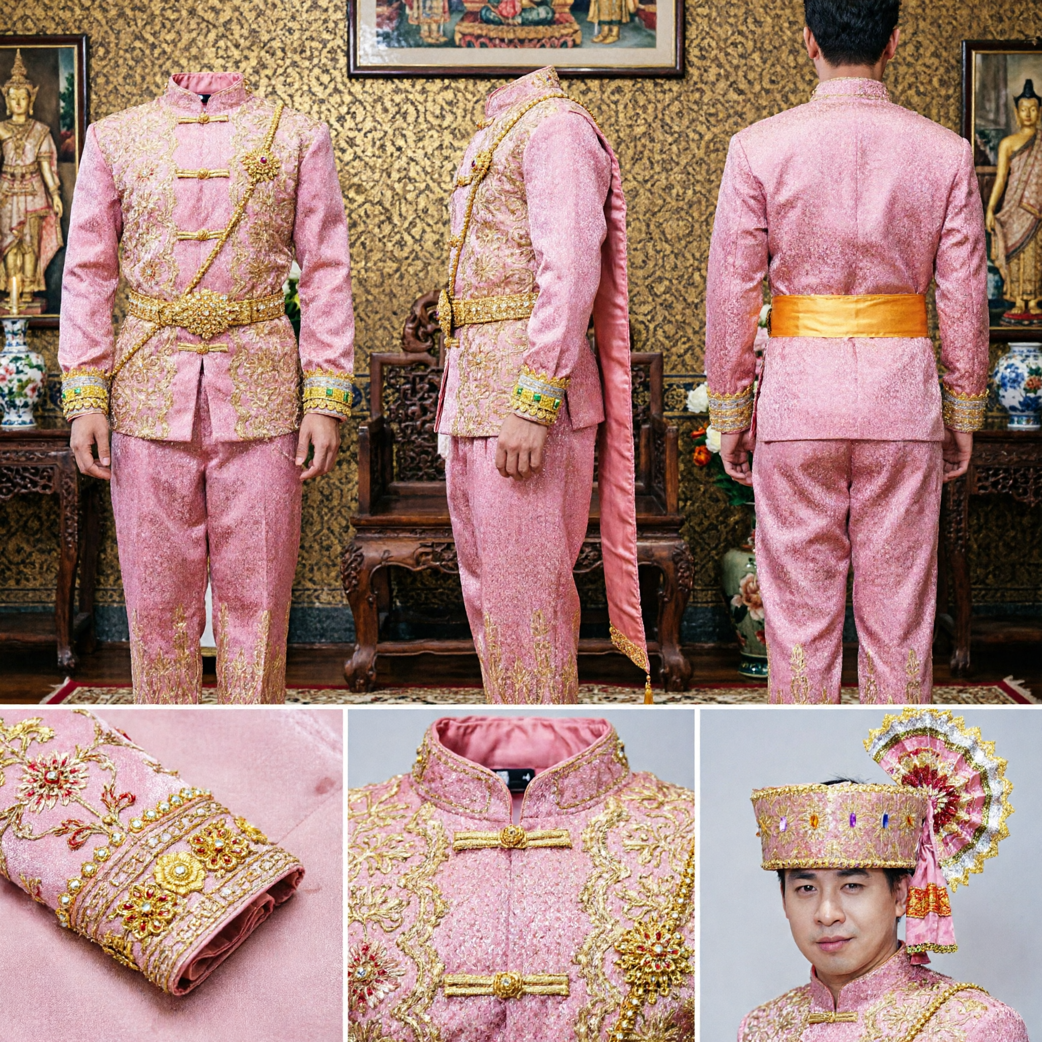 Traditionelles thailändisches pink-goldbrokat Hochzeitsbräutigamkostüm-Set für Männer mit Kopfschmuck für Kulturvorführungen - Asian Costume
