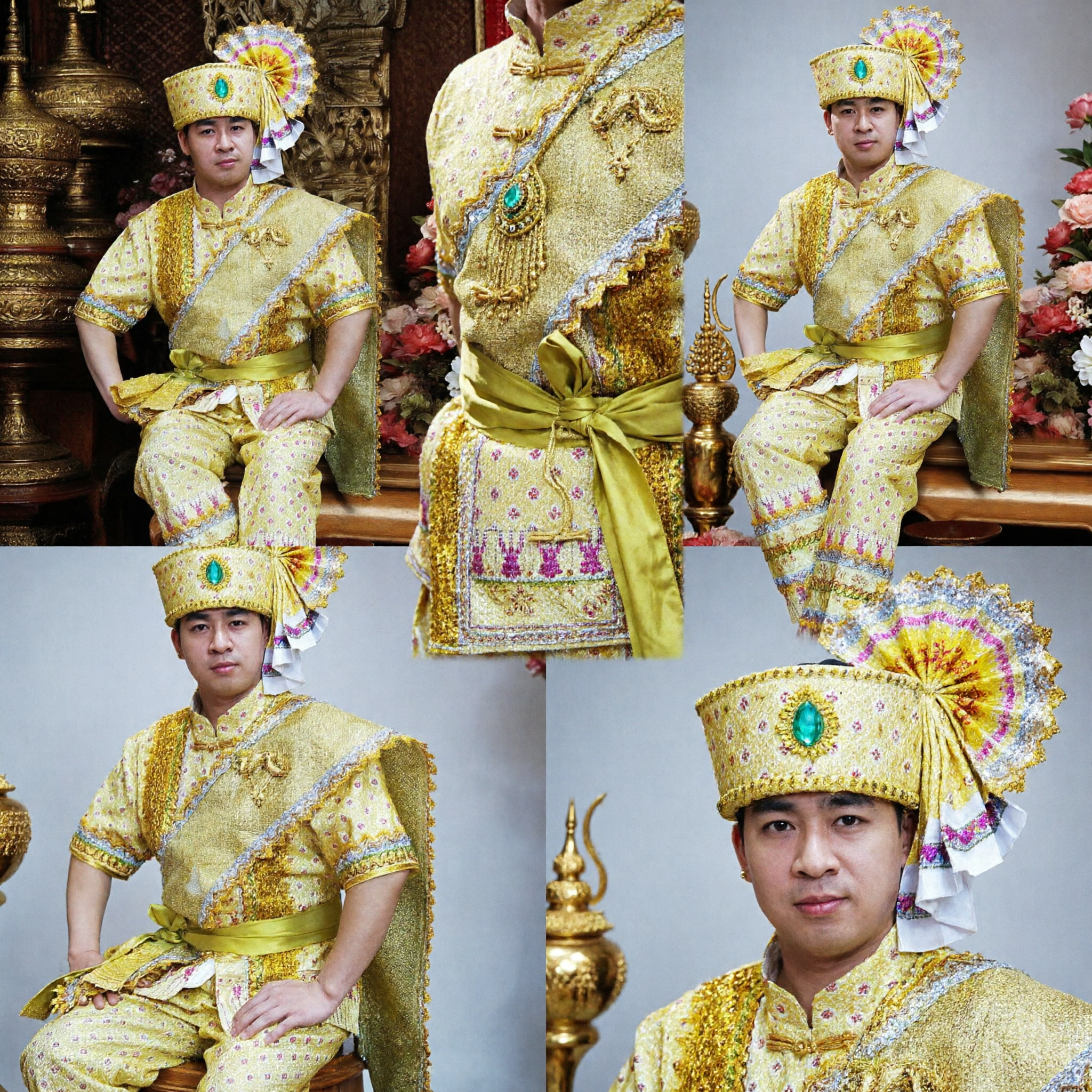 Mannen Thaids Traditioneel Koninklijk Gouden Kostuum Compleet Set met Hoofdtooi voor Ceremoniële Dans - Asian Costume