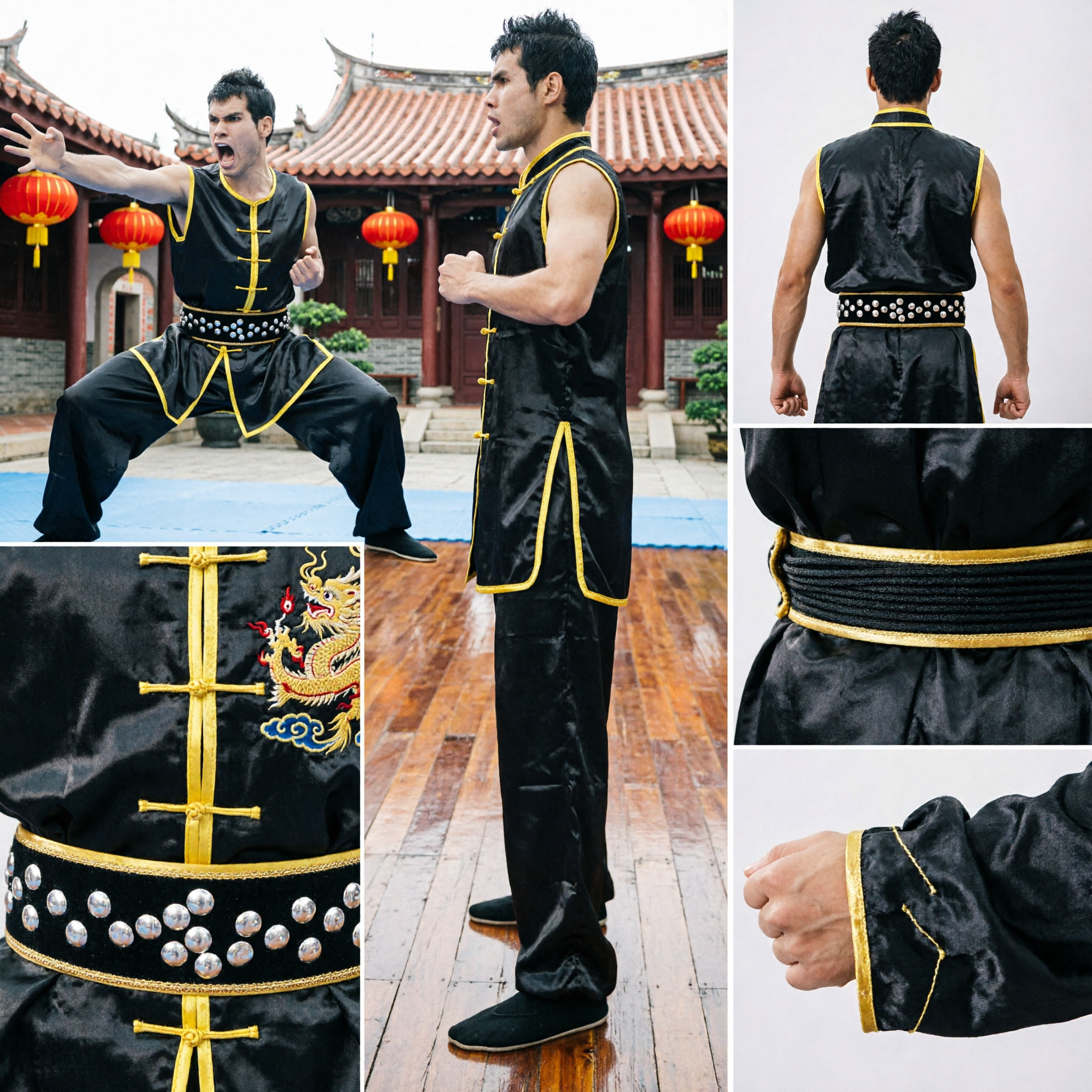 Męski Czarny Bezrękawnikowy Uniform Shaolin Kung Fu z Żółtym Obszyciem Tradycyjny Strój do Sztuk Walki Wushu na Występy - Asian Costume