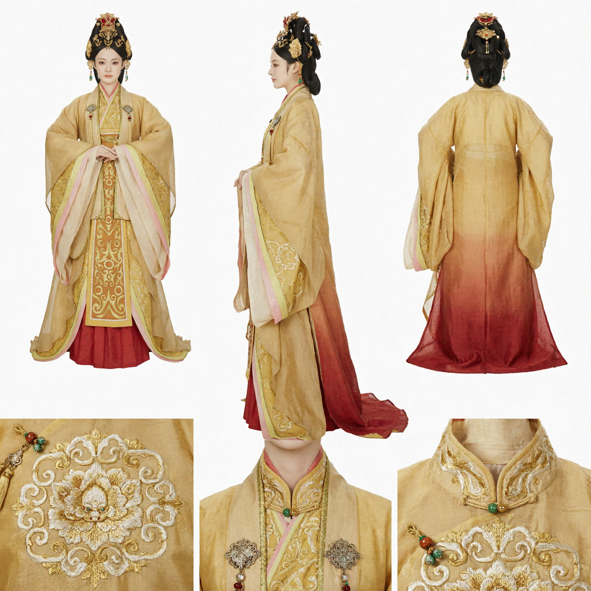 Traje Hanfu de Dama do Palácio Chinês Antigo Conjunto de Robe Bordado a Ouro Tradicional e Saia Vermelha para Mulheres - Asian Costume