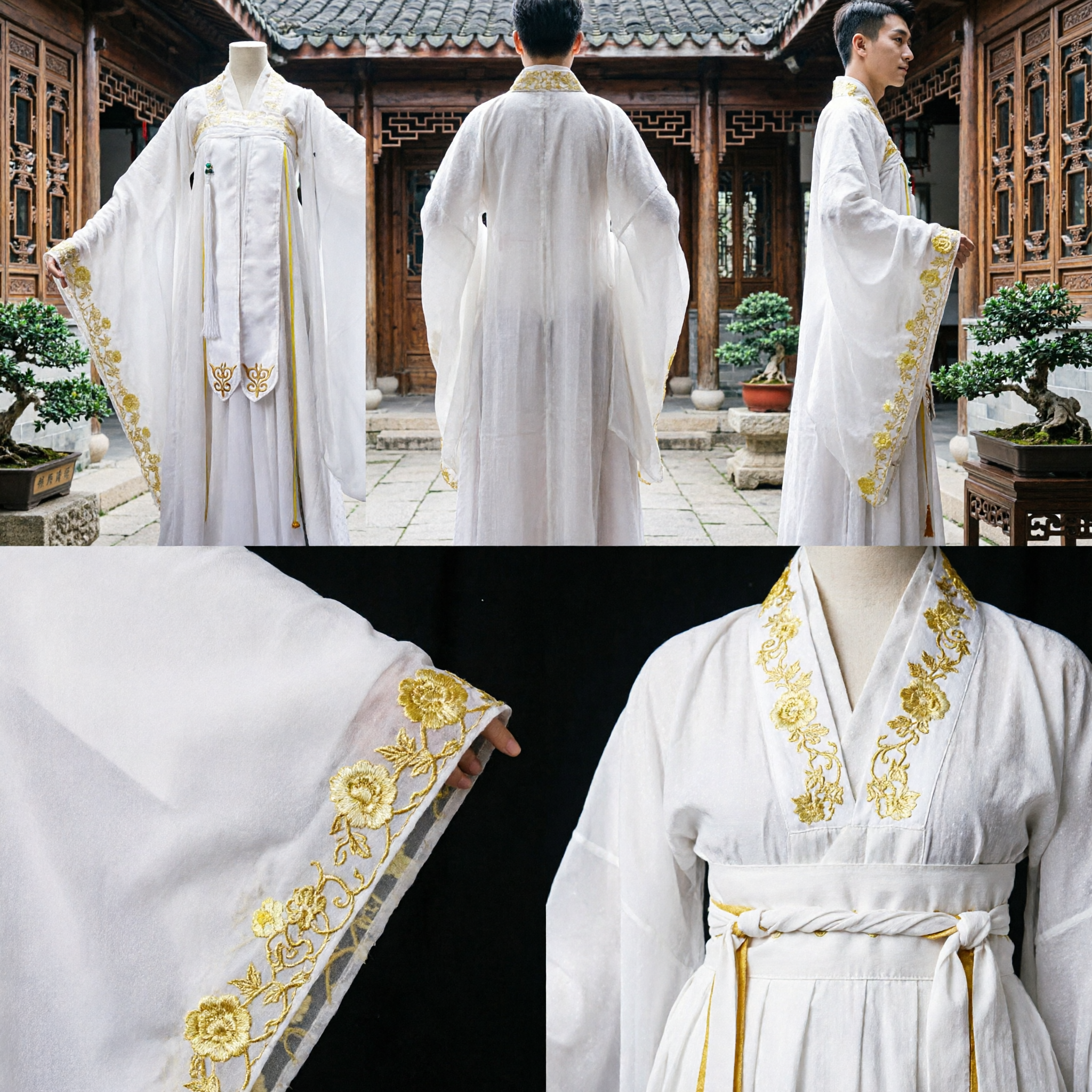 Traje Antigo Hanfu Chinês Tradicional Robe de Manga Larga Branca com Bordado a Ouro para Performance de Cosplay - Asian Costume