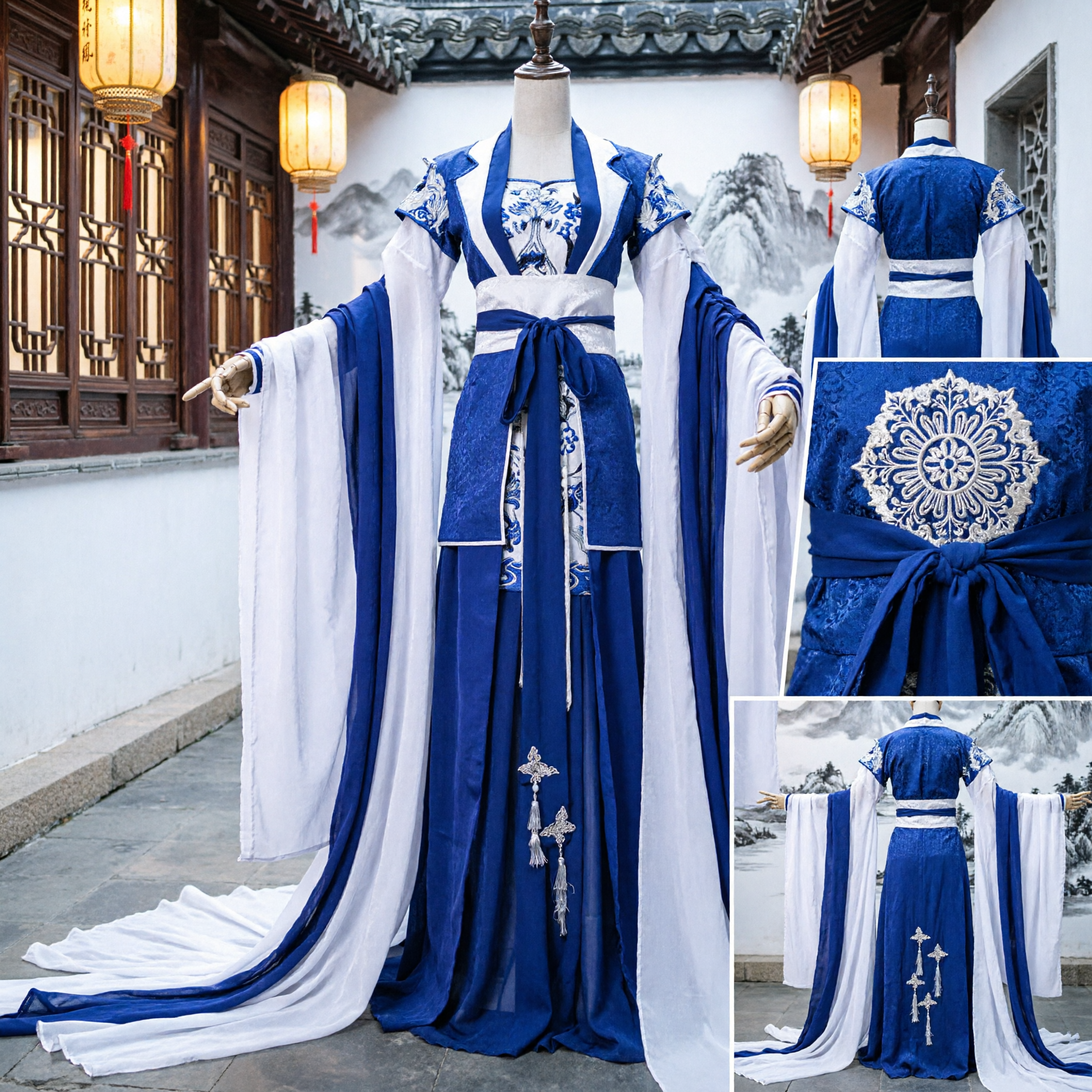 Traditional Chinese Hanfu Ancient Costume Blue and White Embroidered Robe for Men Wuxia Cosplay - Asian Costume