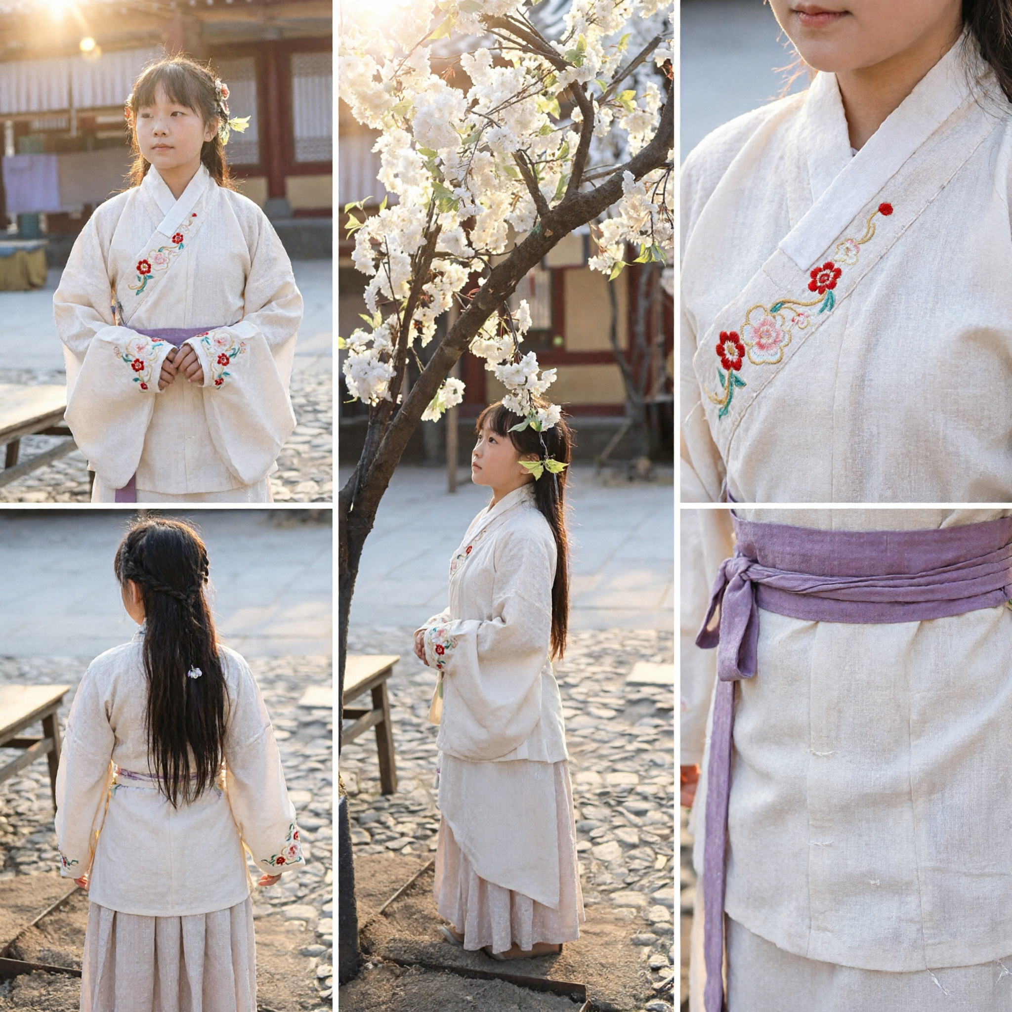 전통 중국 한푸 여아용 고대 선녀 의상 흰색 상의 분홍색 치마 봄 옷차림 - Asian Costume