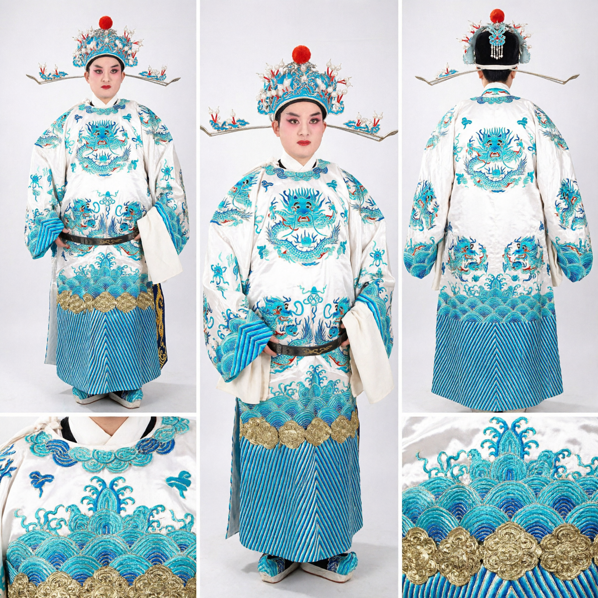 전통 중국 경극 의상 남성용 파란색 용 로브 전문 무대 공연 복장 남성용 - Asian Costume