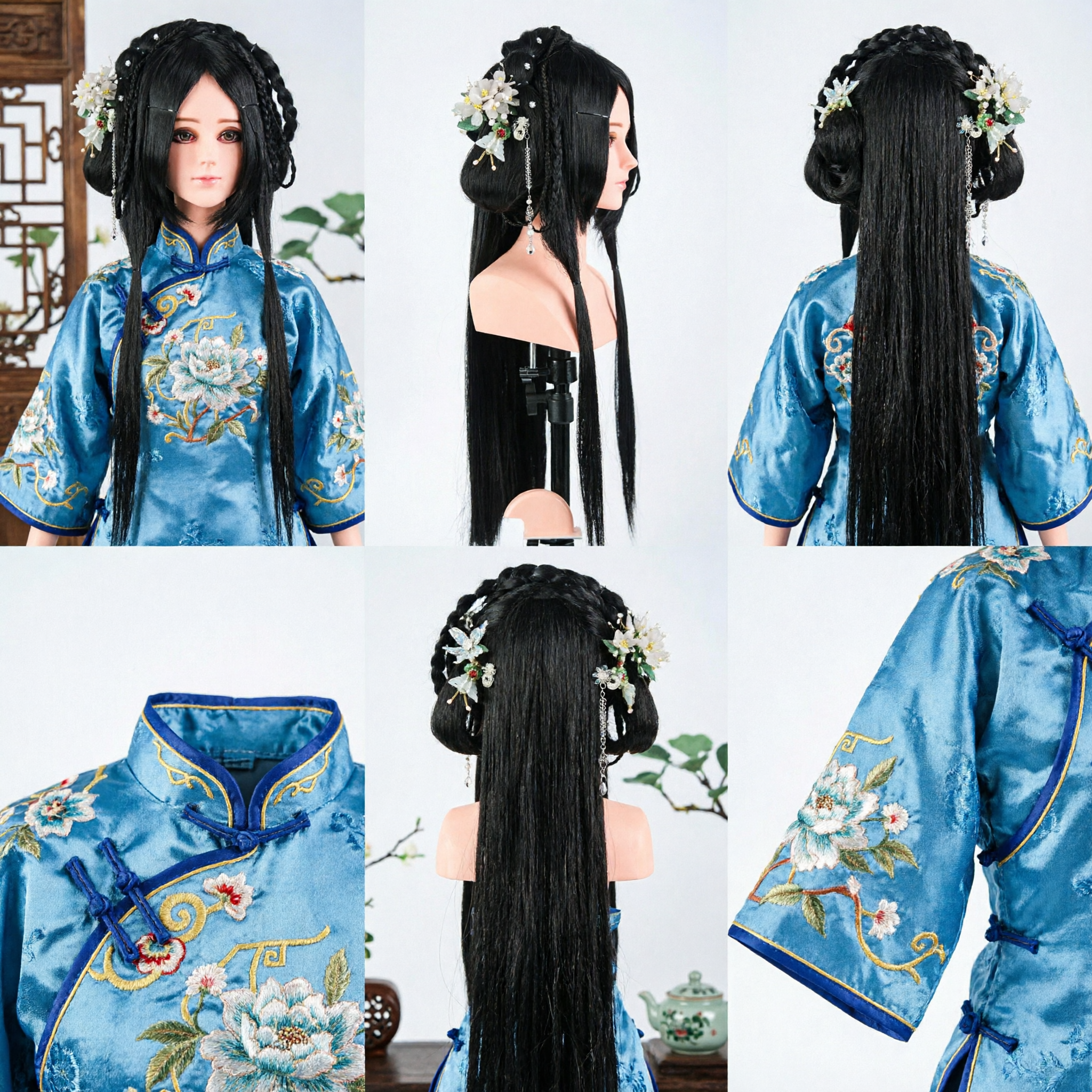 전통 중국 고대 스타일 가발 꽃 머리핀 포함 여성 한푸 코스프레 사극용 - Asian Costume