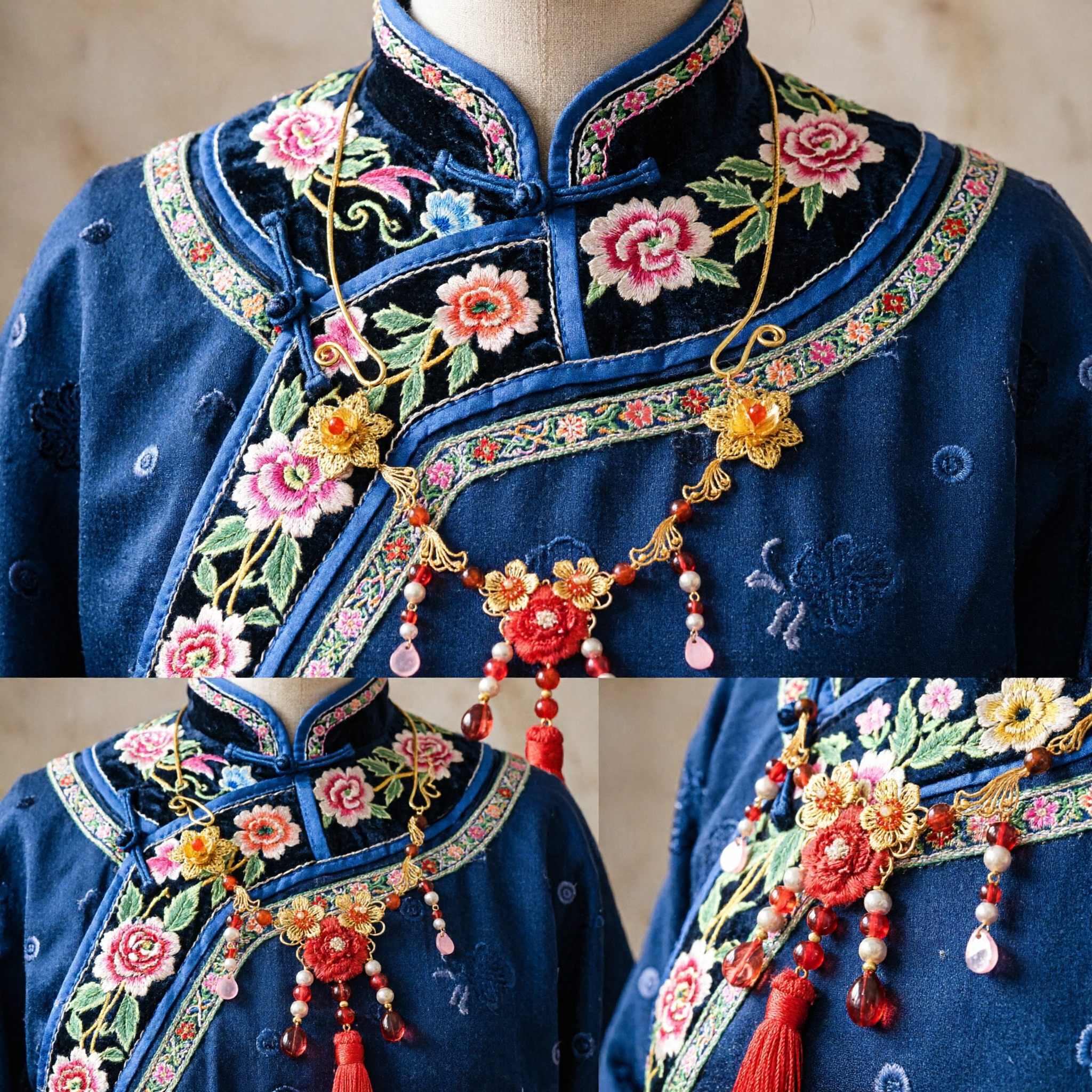 Tradycyjne chińskie akcesorium do włosów Hanfu, złota kwiatowa fryzura z czerwonym frędzlem dla panny młodej w starożytnym stylu ślubnym - Asian Costume