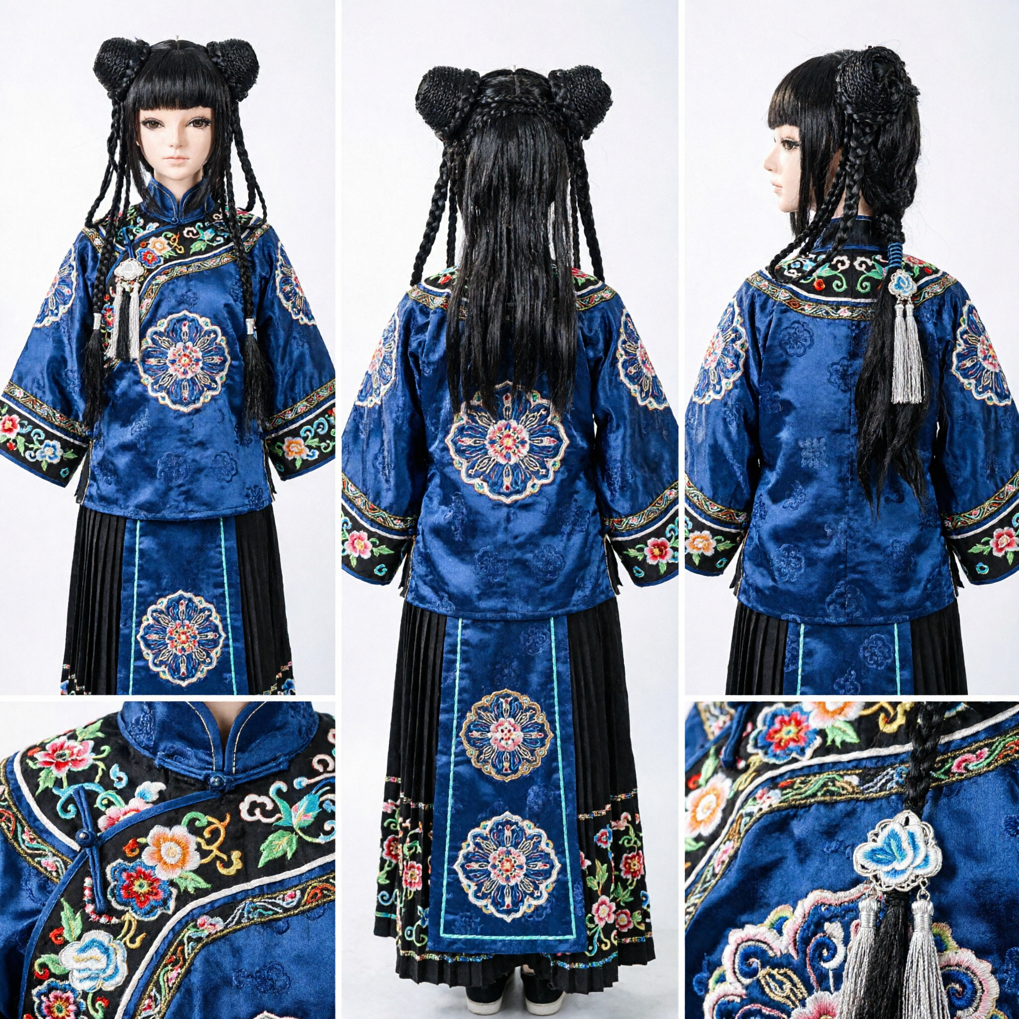 Traditionelle chinesische antike Perücke Schwarz Geflochtene Doppel-Dutt für Hanfu Cosplay Kostüm - Asian Costume