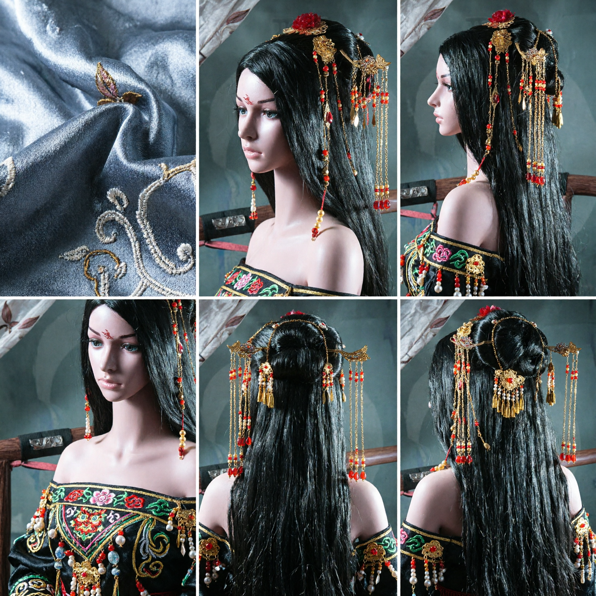 中国伝統漢服髪飾り 古代宮廷スタイル 赤い花と金房簪 女性用ウェディングコスプレ - Asian Costume