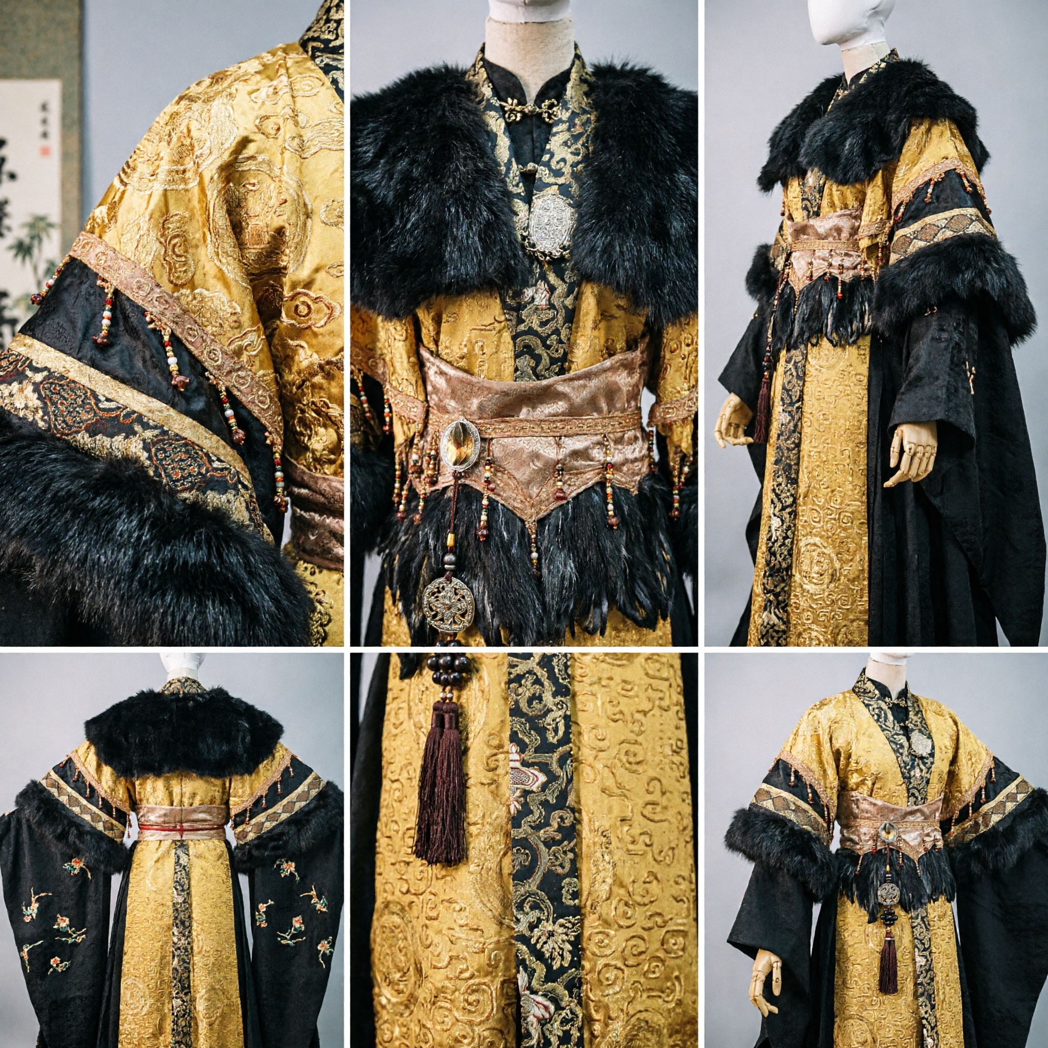 Heren oud Chinese koninklijke keizer Hanfu-kostuum zwarte bonten mantel gouden brokaat mantel historische cosplay outfit - Asian Costume
