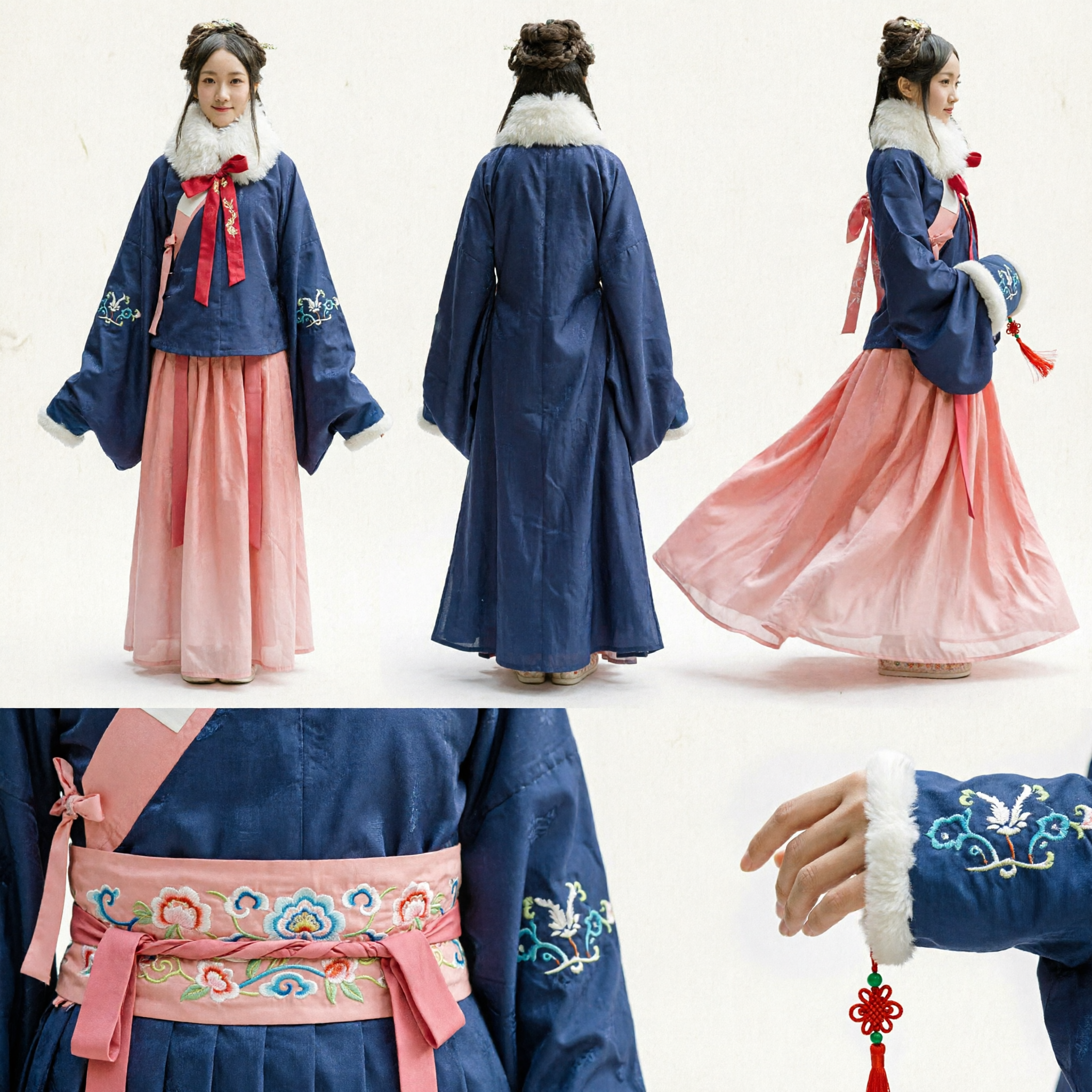 Traditioneel Chinees Ming Dynastie Hanfu voor Vrouwen Winter Blauwe Bontkraag Jas en Roze Rok Oud Kostuum Set - Asian Costume