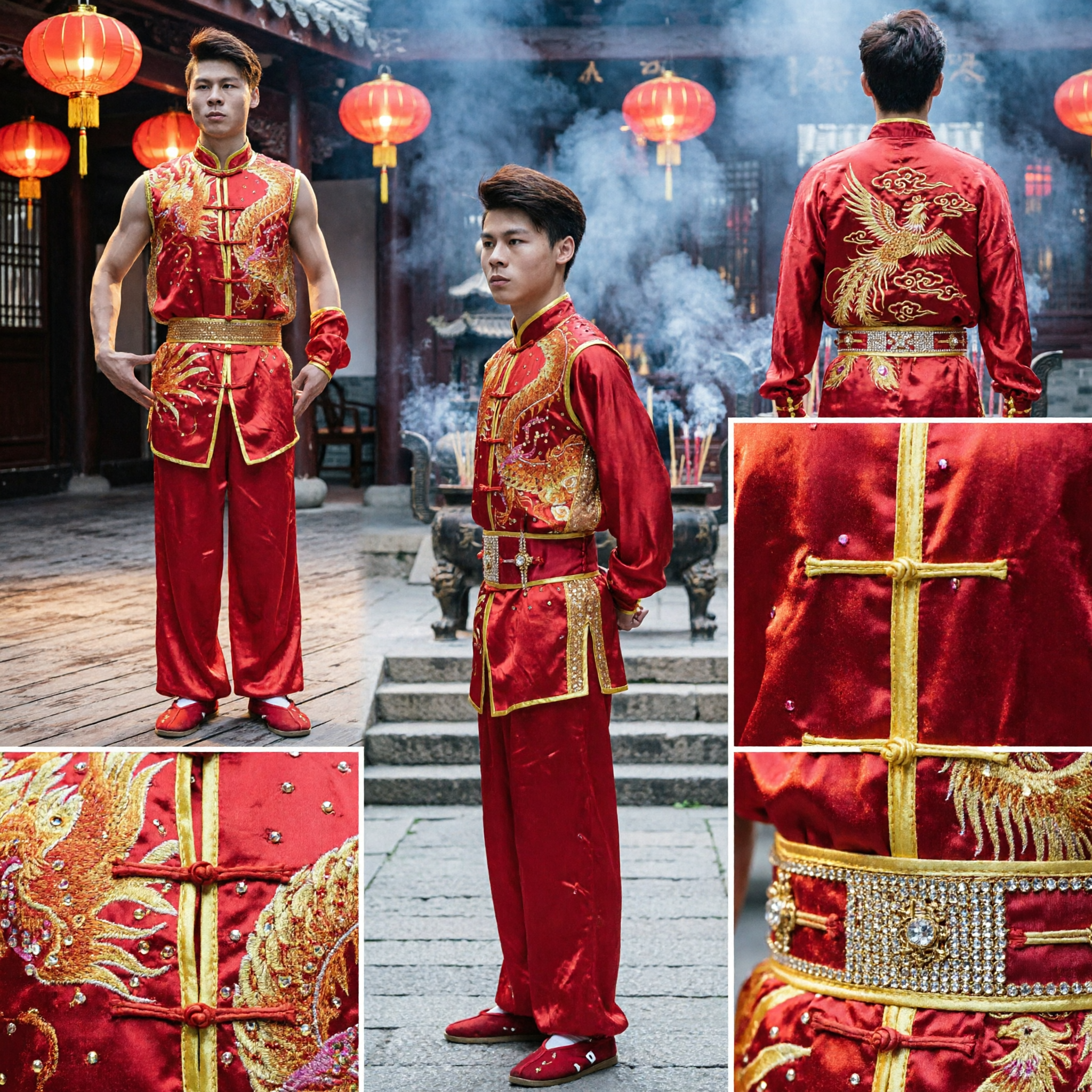 Men's Red Dragon Embroidery Sleeveless Kung Fu Top Traditional Chinese Martial Arts Wushu Performance Costume - Asian Costume