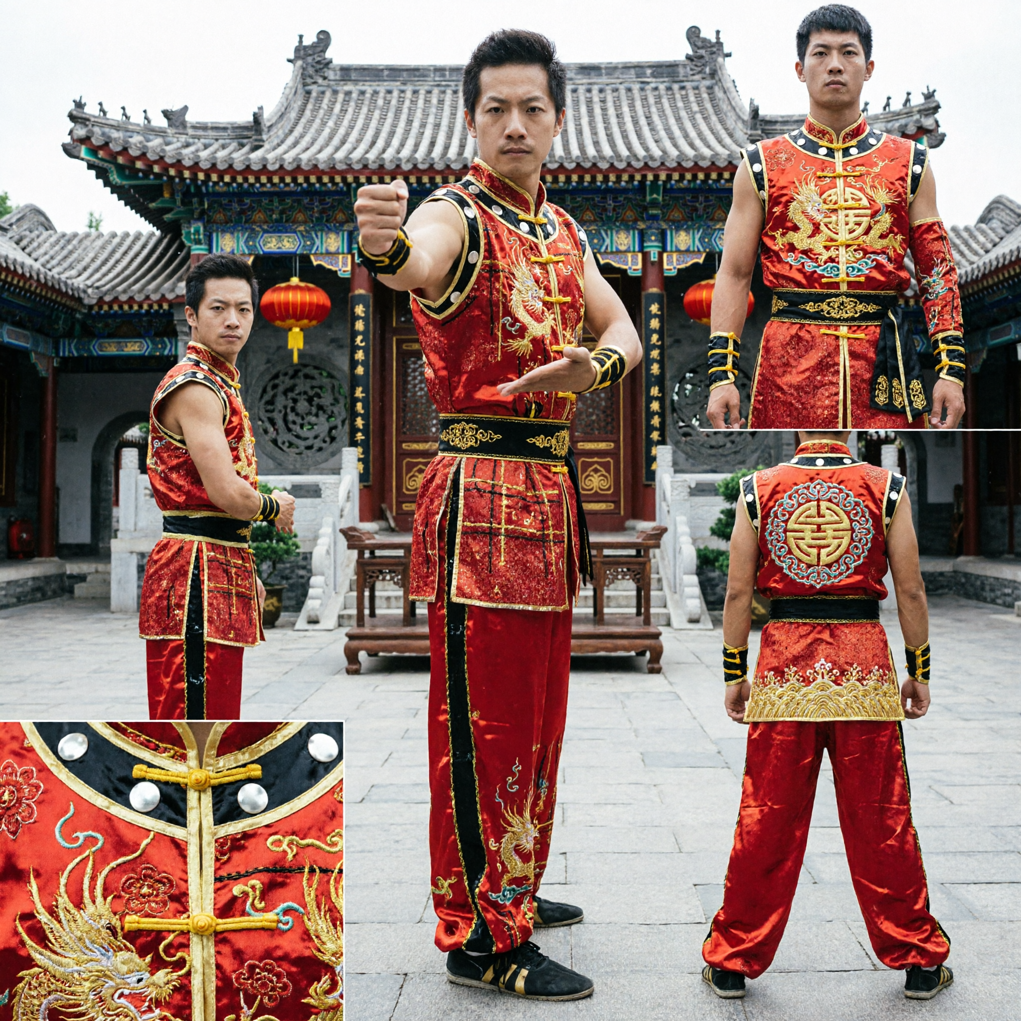 Rotes goldkariertes Wushu-Uniform für Männer, Kung-Fu-Kampfkunstwettkampf-Aufführungskostüm, traditionelle chinesische Kleidung - Asian Costume