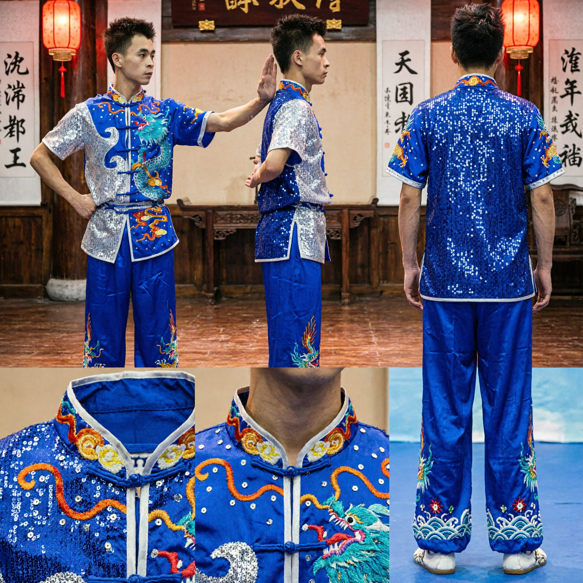 Uniforme de Wushu para Hombre con Bordado de Dragón Azul Traje Tradicional de Kung Fu para Competencia y Entrenamiento de Artes Marciales - Asian Costume