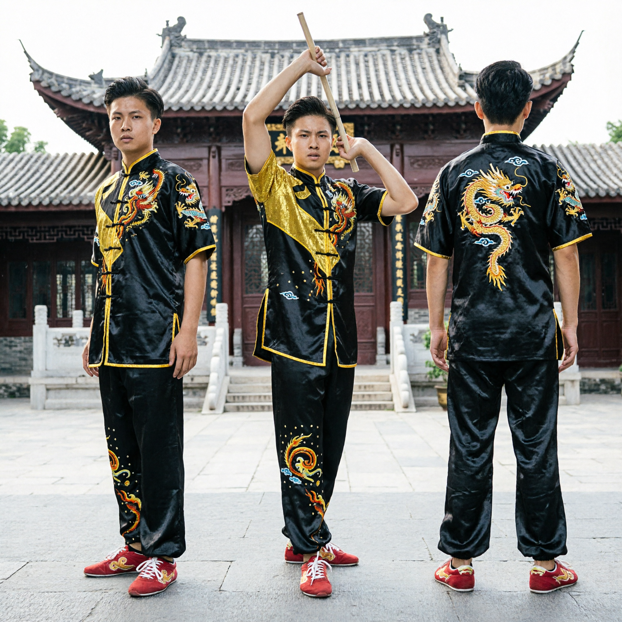 Professioneel Zwart en Goud Drakenborduurwerk Wushu Kung Fu-uniform Martial Arts Wedstrijdkostuum voor Mannen - Asian Costume