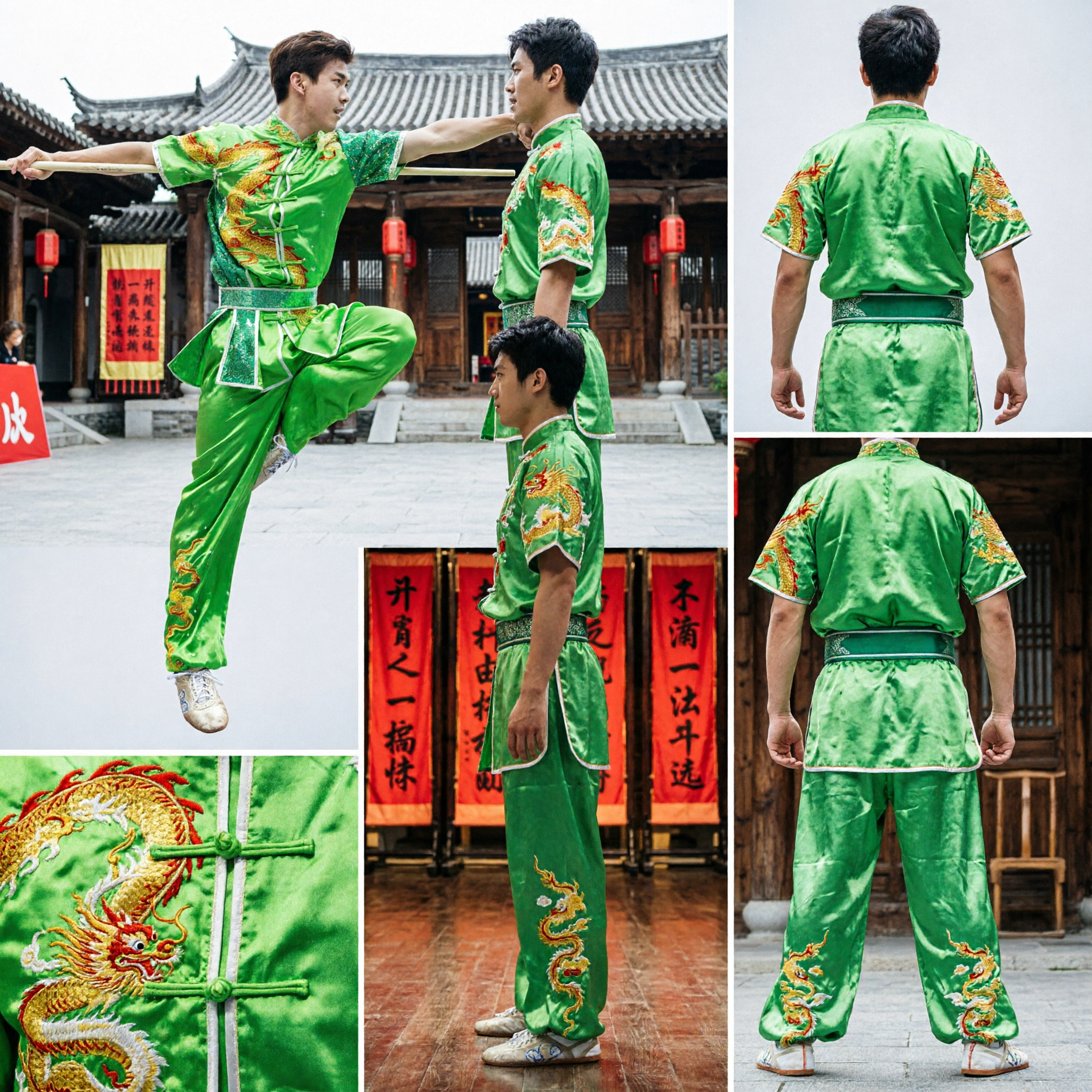 Conjunto de Traje de Performance de Competição de Artes Marciais Wushu Tradicional, Uniforme de Kung Fu com Bordado de Dragão Verde para Homens - Asian Costume