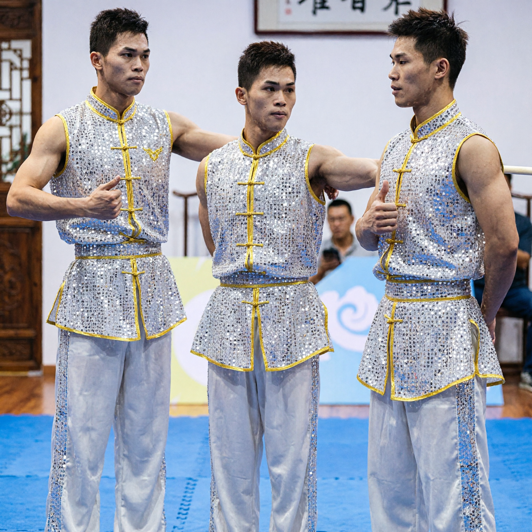 Męski tradycyjny strój Wushu Kung Fu bez rękawów ze srebrnymi cekinami na zawody i pokazy sztuk walki - Asian Costume