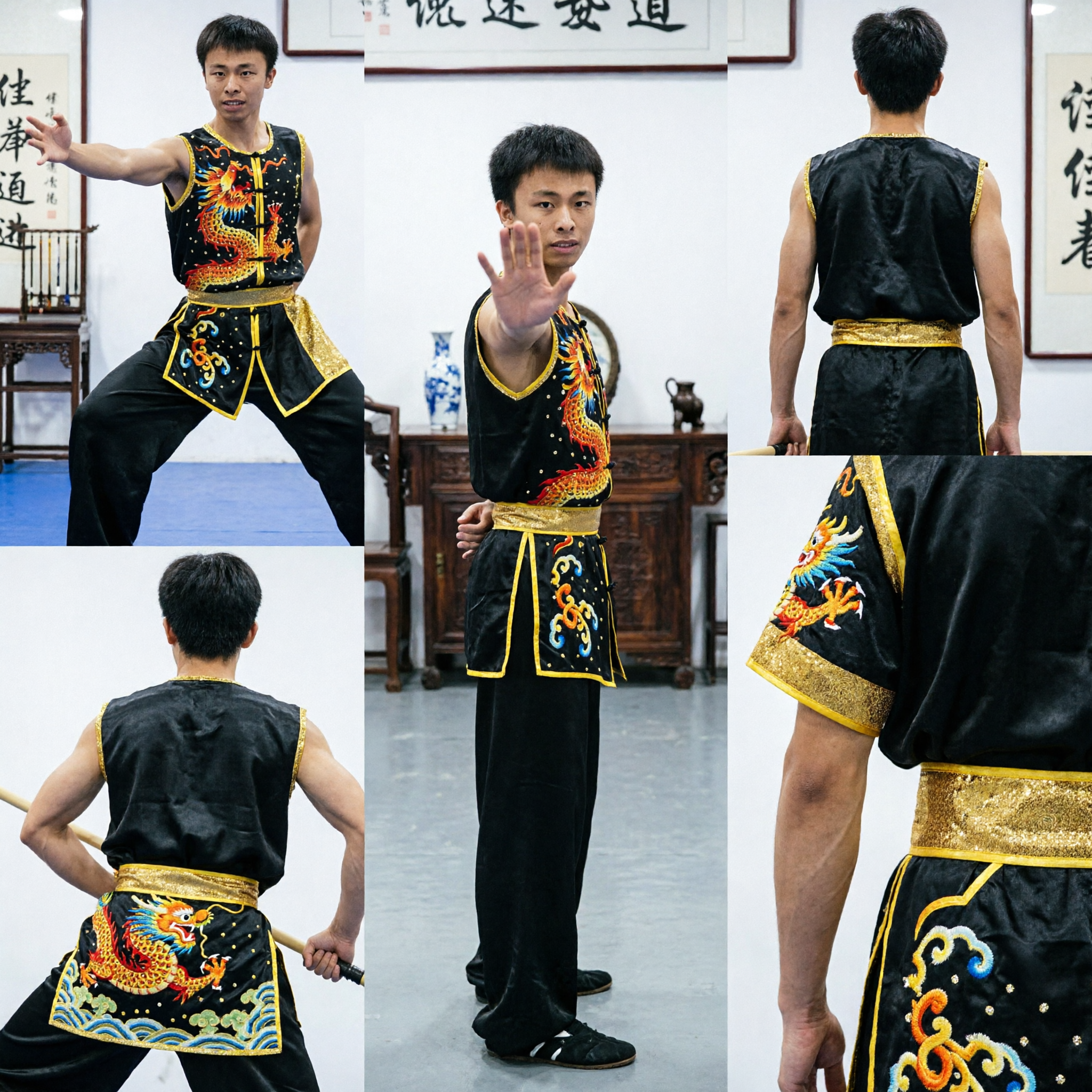 Męski czarny strój Wushu Kung Fu bez rękawów z haftem smoka, tradycyjny kostium na zawody i pokazy sztuk walki - Asian Costume