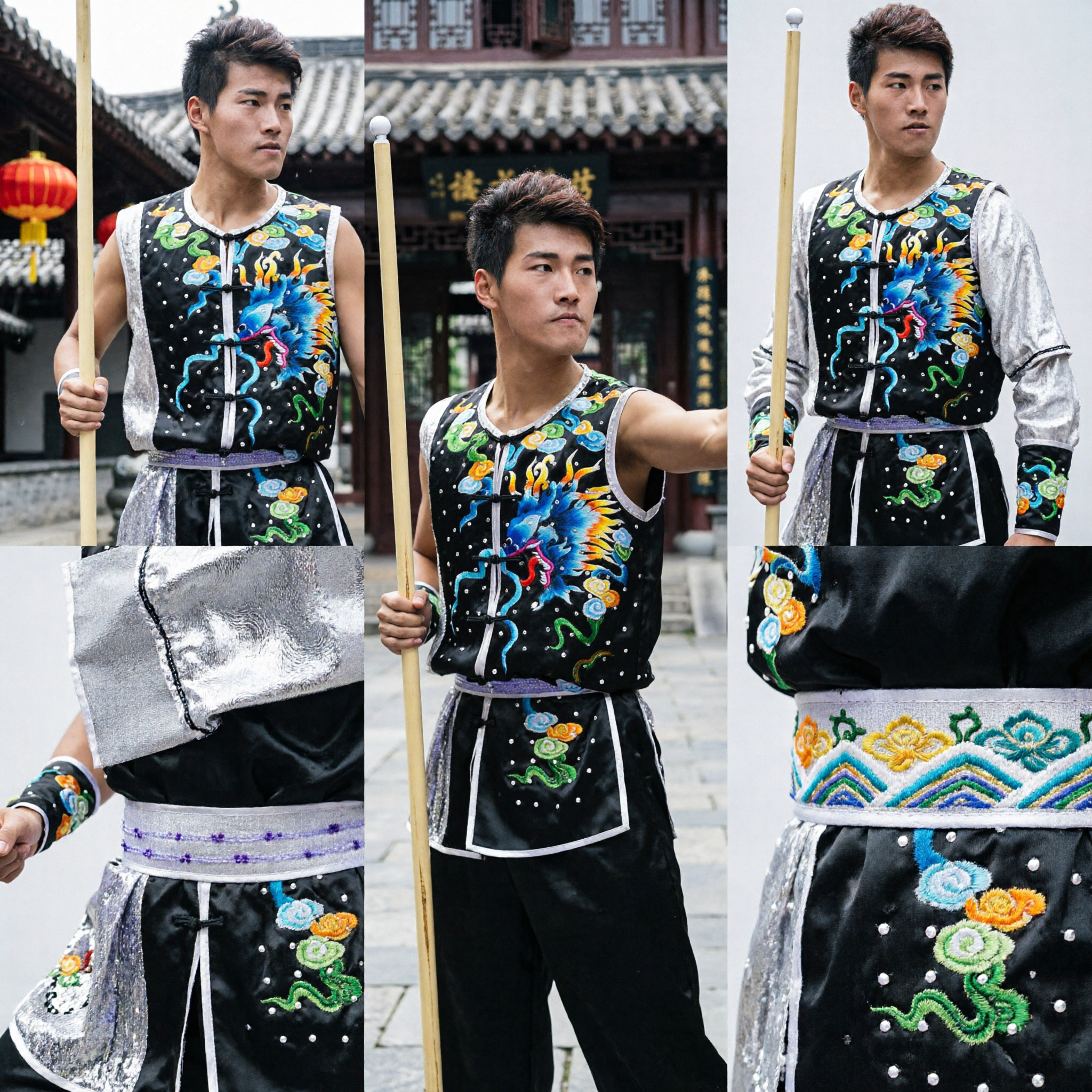 Profesjonalny męski strój Wushu na zawody, czarny bez rękawów z haftem smoka, kostium Kung Fu na pokazy sztuk walki - Asian Costume