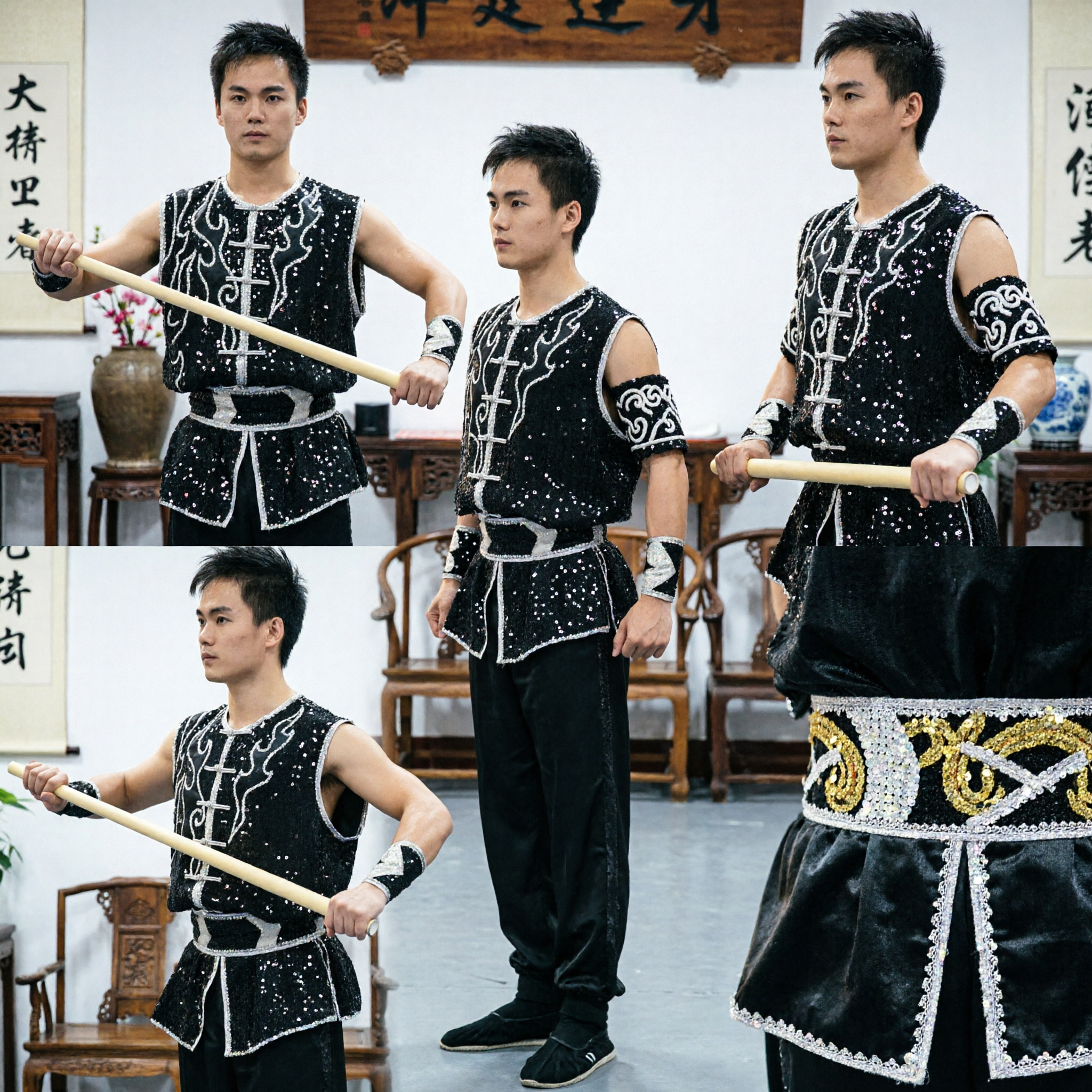 Męski czarny strój Wushu z cekinami, tradycyjny kostium Kung Fu na zawody sztuk walki do pokazów z kijem - Asian Costume