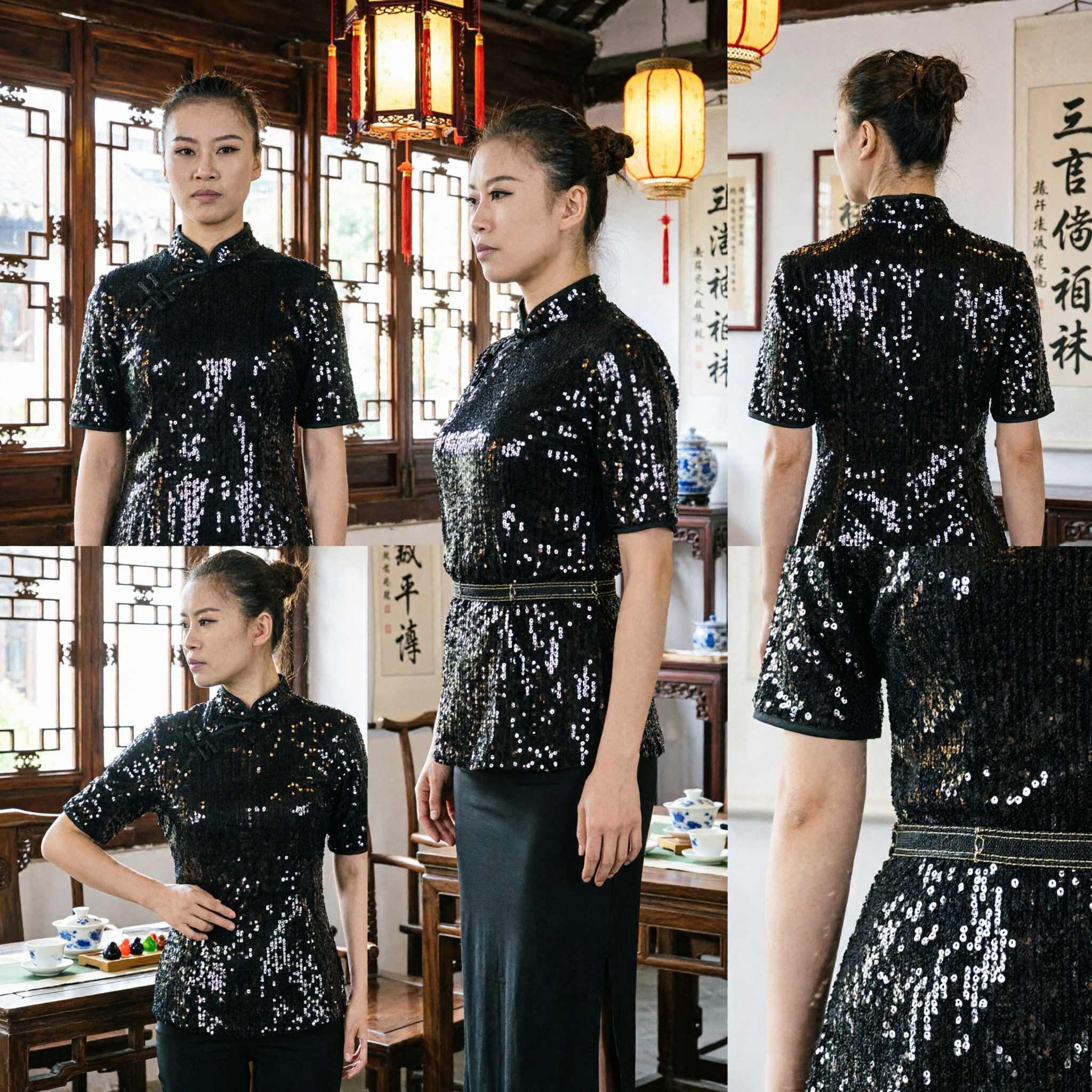 여성용 흑색 스팽글 무예복 상의 전문가급 무술 쿵푸 대회 공연용 - Asian Costume