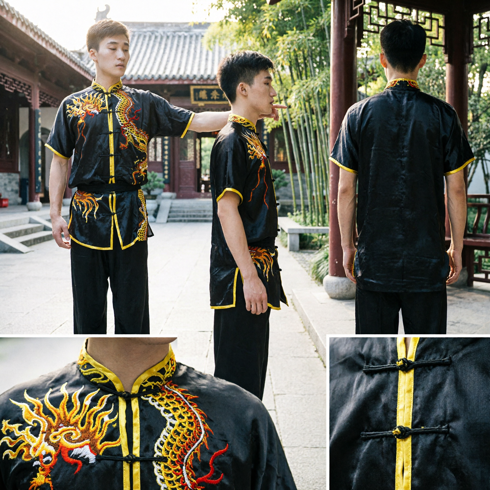 Conjunto de Uniforme de Kung Fu para Hombres Negro con Bordado de Dragón, Traje Tradicional Chino de Artes Marciales Wushu Tai Chi (Top y Pantalón) - Asian Costume