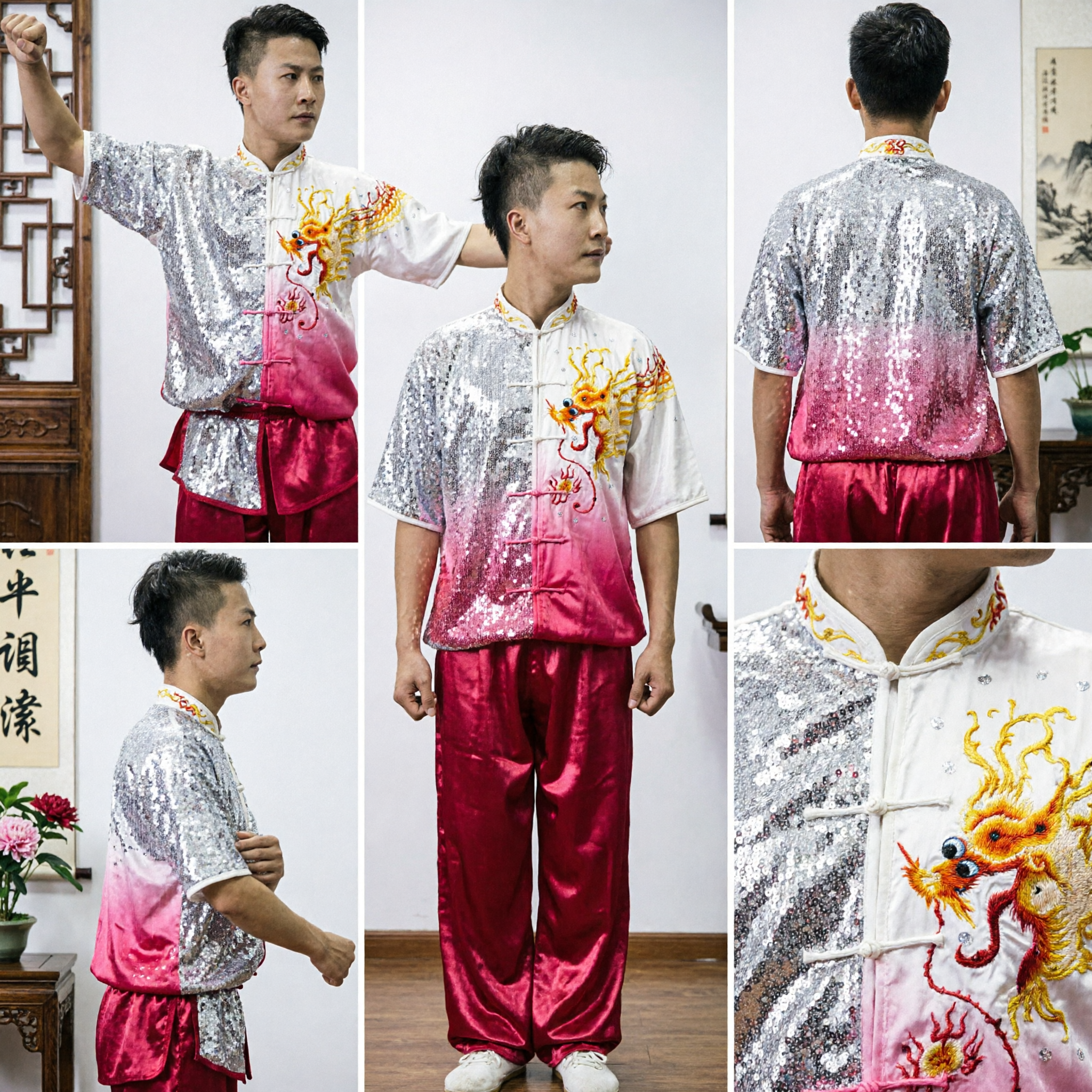 Men's Traditional Chinese Wushu Costume Dragon Phoenix Sequin Kung Fu Uniform Martial Arts Performance Shirt - Asian Costume