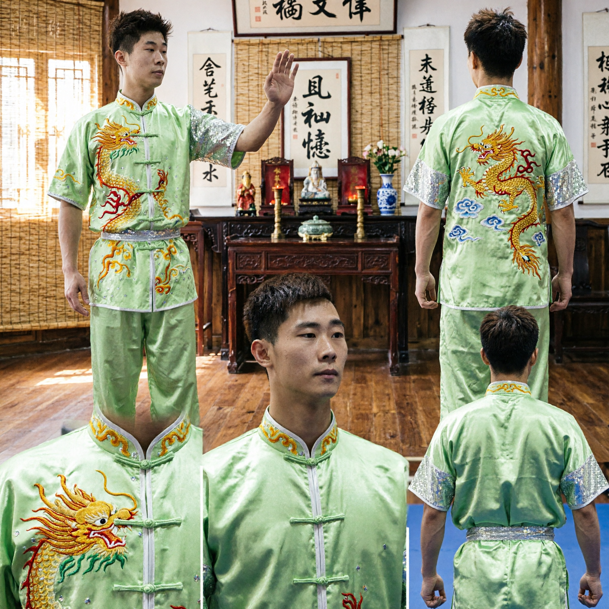 Heren Lichtgroen Drakenborduurwerk Wushu Kung Fu-uniform Set voor Martial Arts Wedstrijd Optreden - Asian Costume